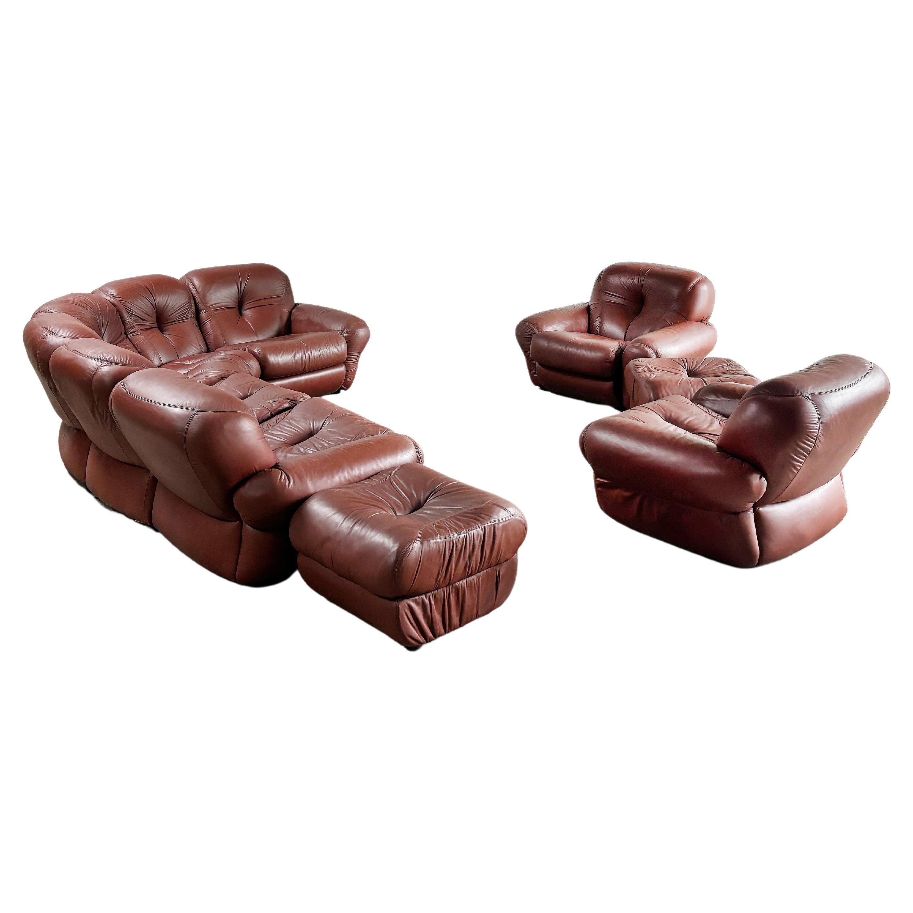 Italian Modular Sofa Set In Cognac Leather Attributed To Mobil Girgi, 1970's For Sale