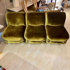 Italian Modular Three-Seat Sofa in iridescent acid-green velvet. 1970s