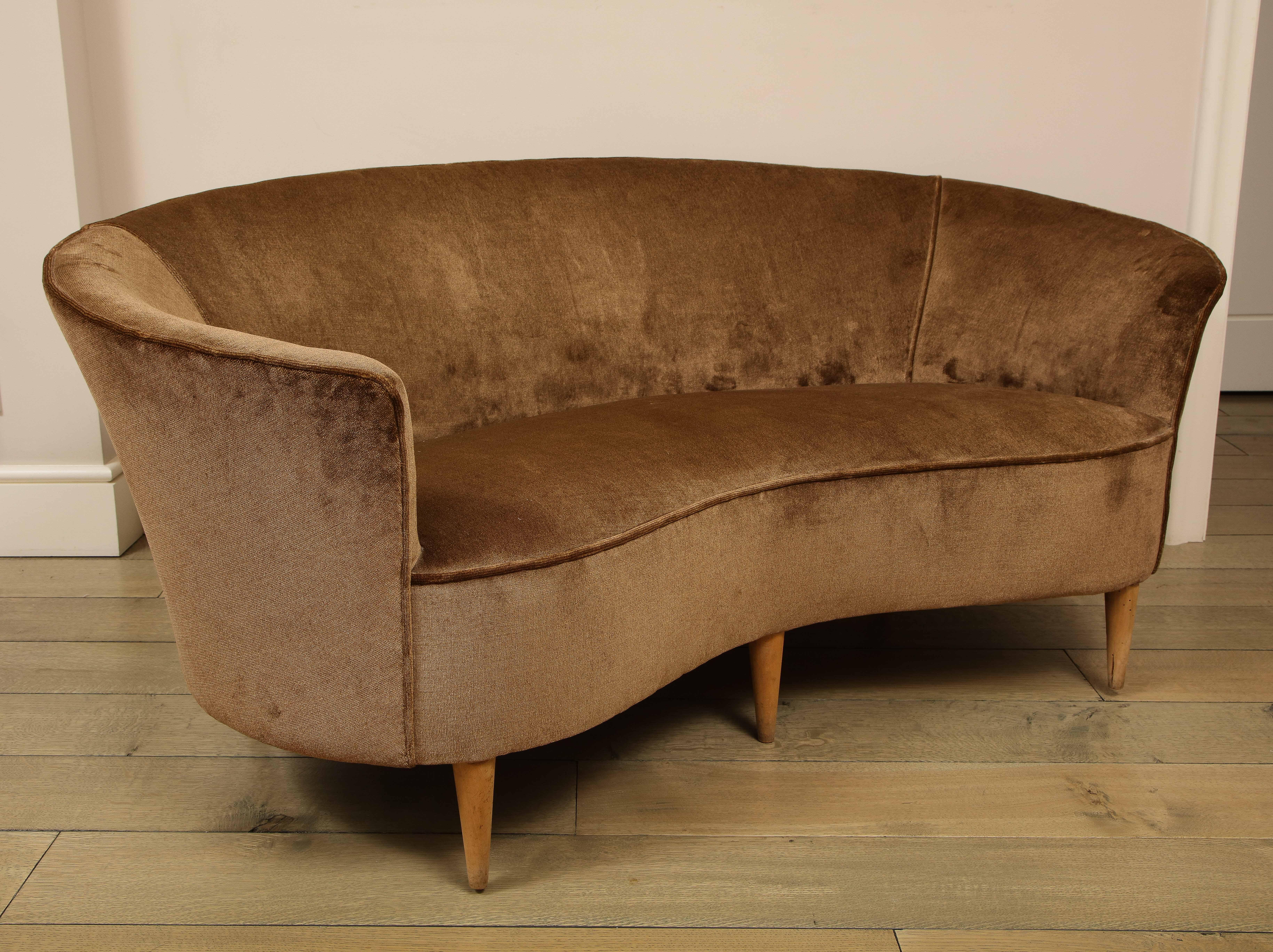 Beautiful mohair upholstered curved sofa with wooden legs. Perfect shape and size. 
In excellent condition, 1950s, Italy.

Same era as: Charlotte Perriand, Jean Prouve, Pierre Pauline, Serge Mouille, Jacques Adnet, Jean Royere, Roger Tallon, Michel
