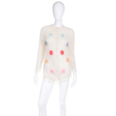 Italian Mohair Wool Vintage Ivory Pullover Sweater With Colorful Dots & Fringe
