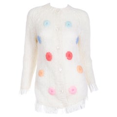 Italian Mohair Wool Vintage Ivory Pullover Sweater With Colorful Dots & Fringe