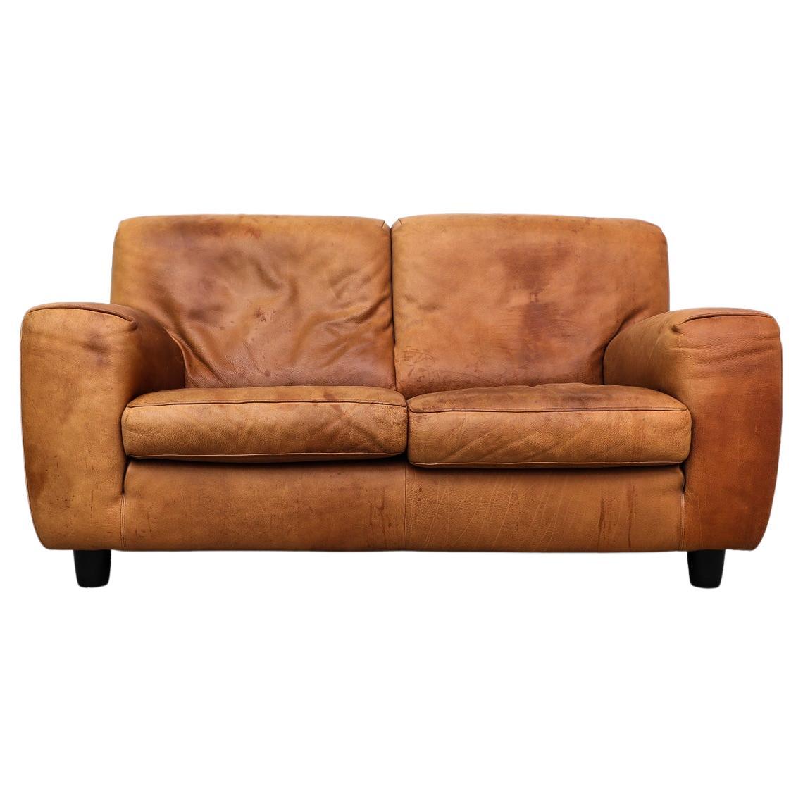 Italian Molinari ‘Fatboy’ Two-Seat Sofa in Cognac Leather