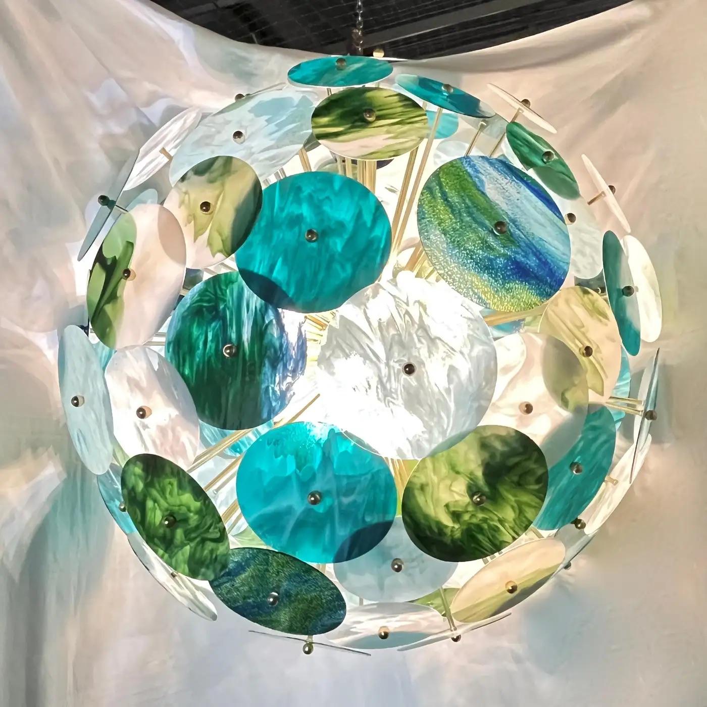 Lustre Sputnik italien monumental en verre de Murano rond en laiton bleu vert blanc en vente 6