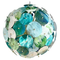 Italian Monumental Blue Green White Murano Glass Round Brass Sputnik Chandelier