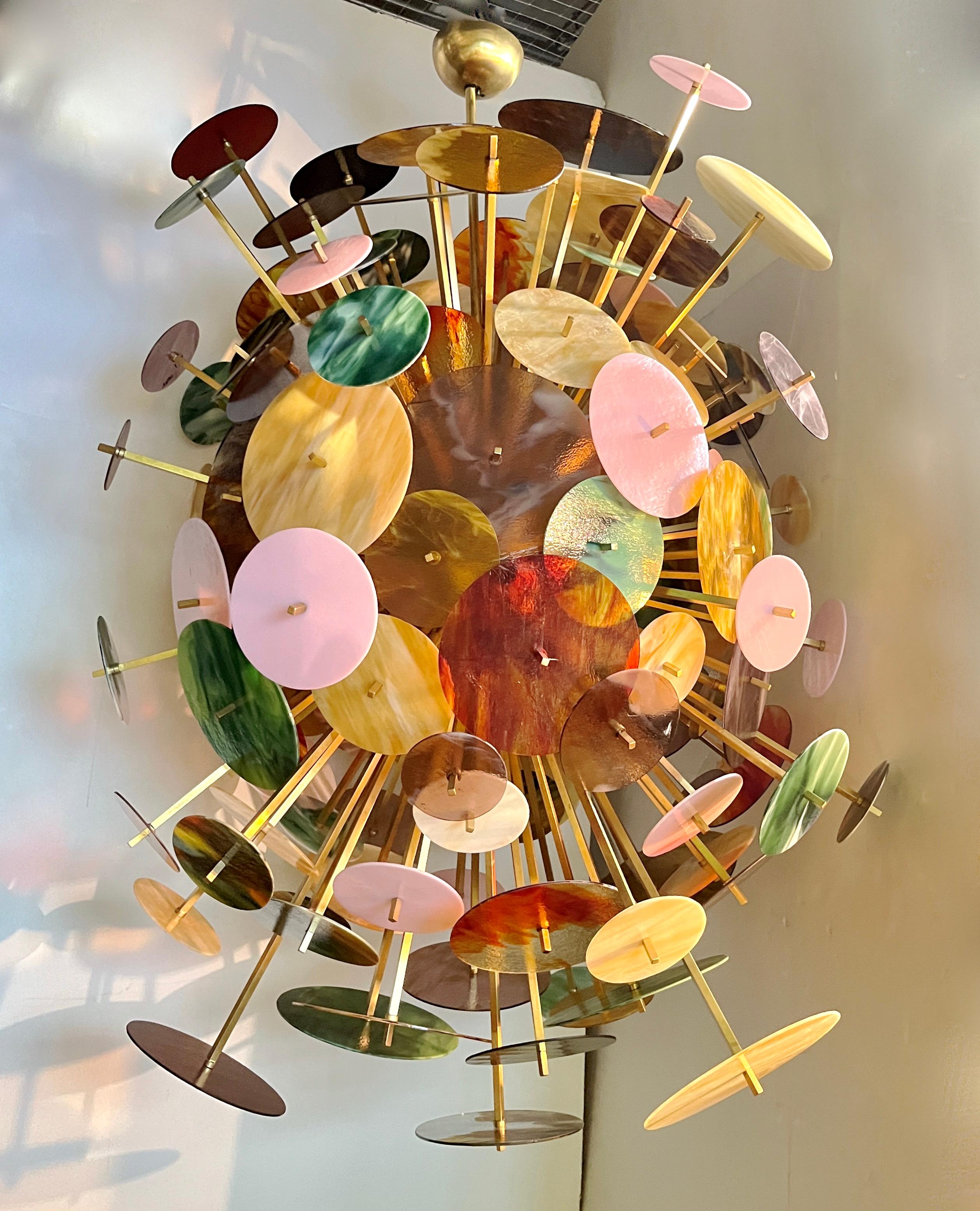 Italienische Monumental Gold Rosa Grün Murano Glas Oval Bronze Sputnik Kronleuchter im Angebot 7