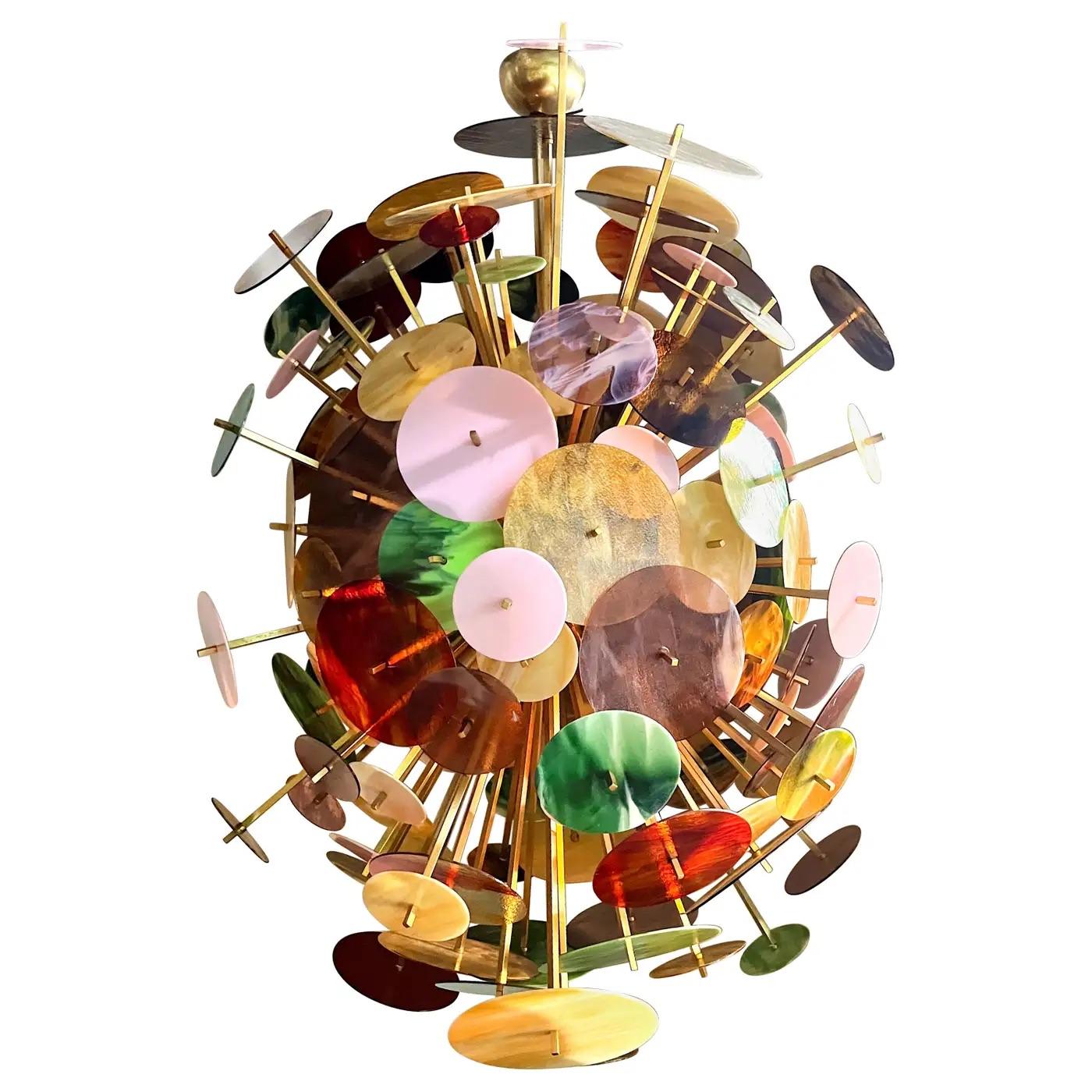 Italienische Monumental Gold Rosa Grün Murano Glas Oval Bronze Sputnik Kronleuchter (Organische Moderne) im Angebot