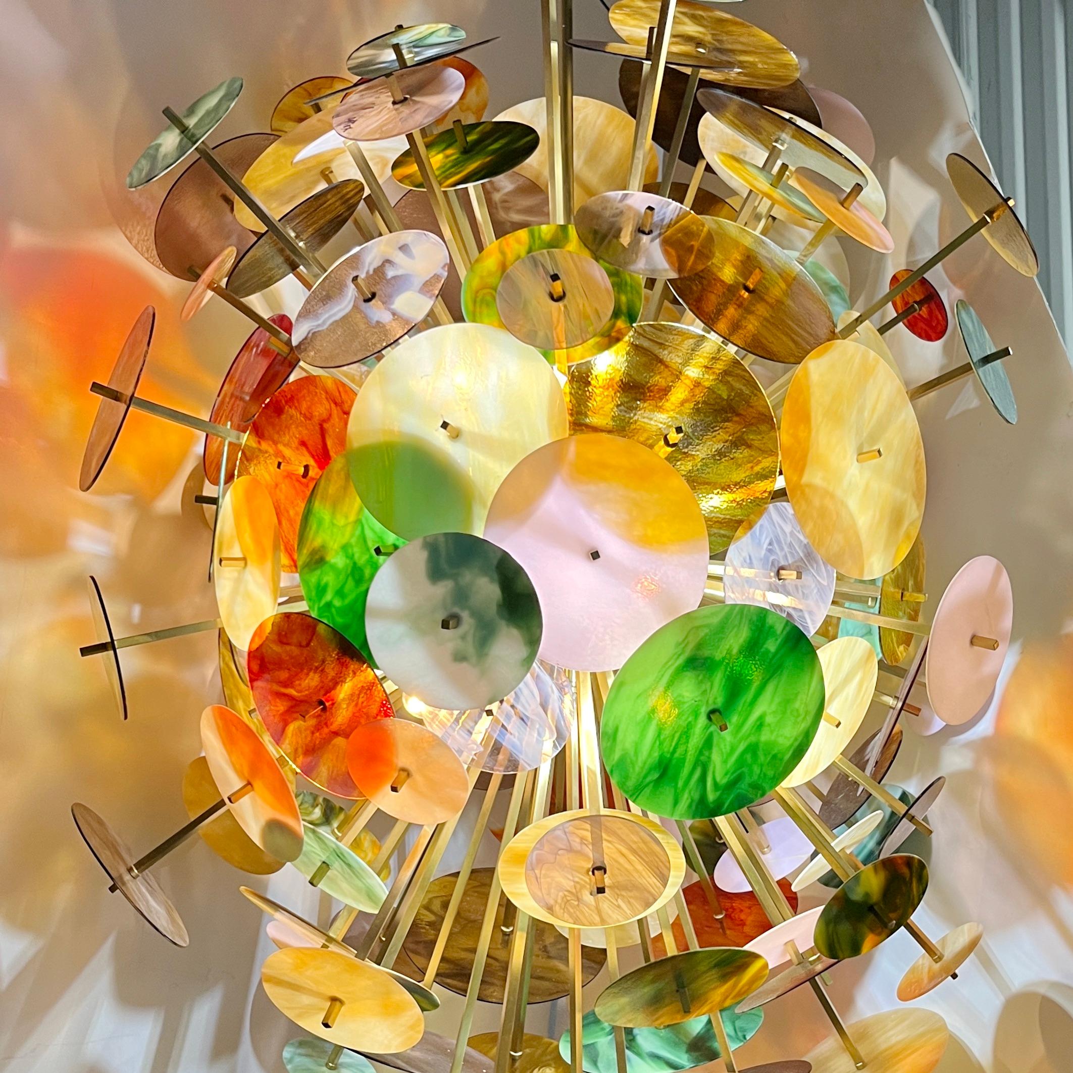 Italienische Monumental Gold Rosa Grün Murano Glas Oval Bronze Sputnik Kronleuchter im Angebot 3