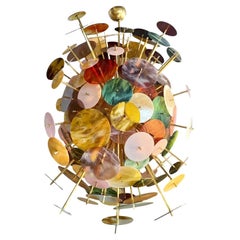 Monumental lustre spoutnik ovale italien en verre de Murano rose, vert et or