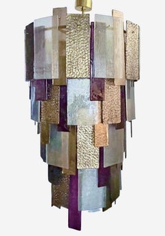Italian Monumental Purple Gold Silver Smoked Murano Glass Brass Chandelier