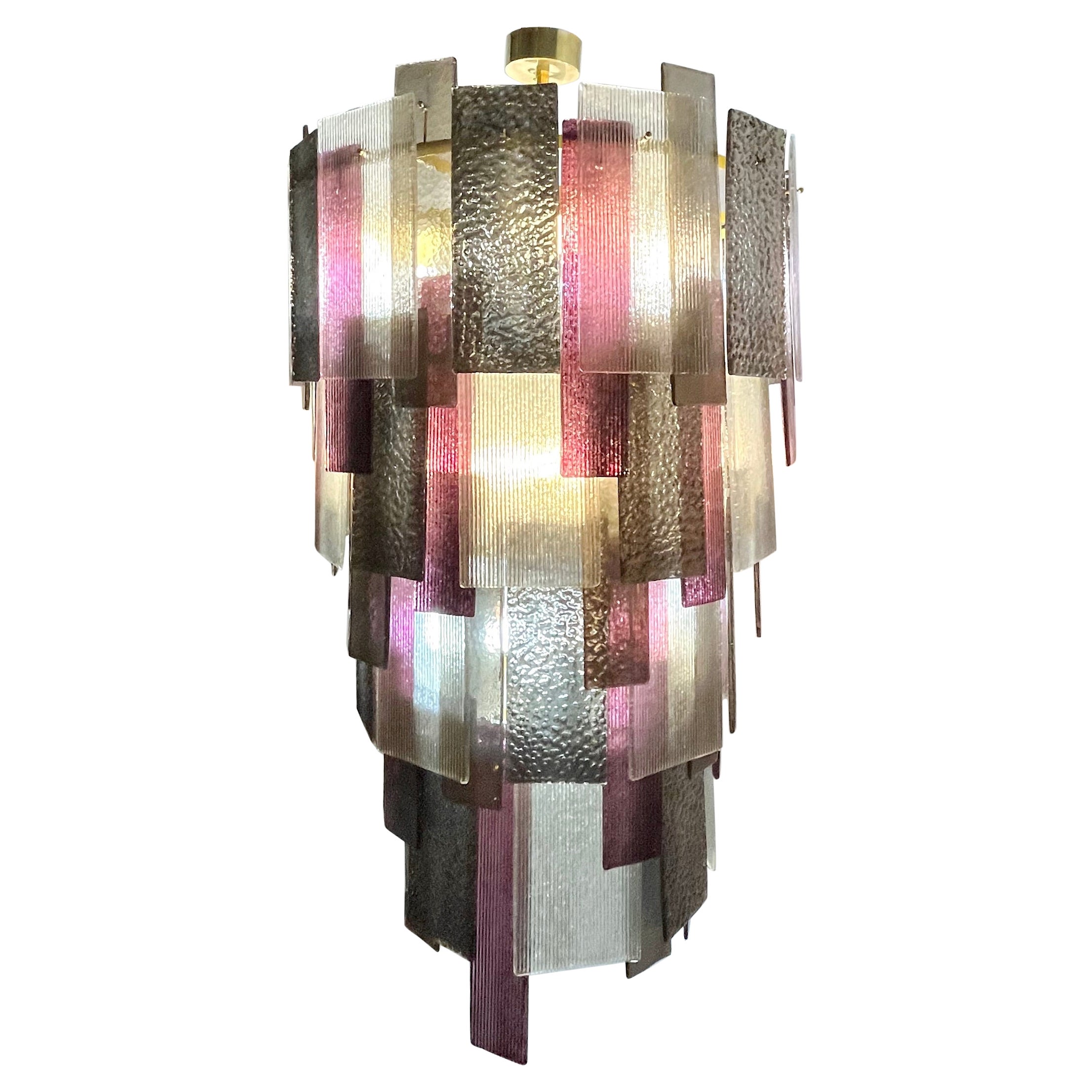 Italian Monumental Purple Gold Silver Smoked Murano Glass Brass Chandelier