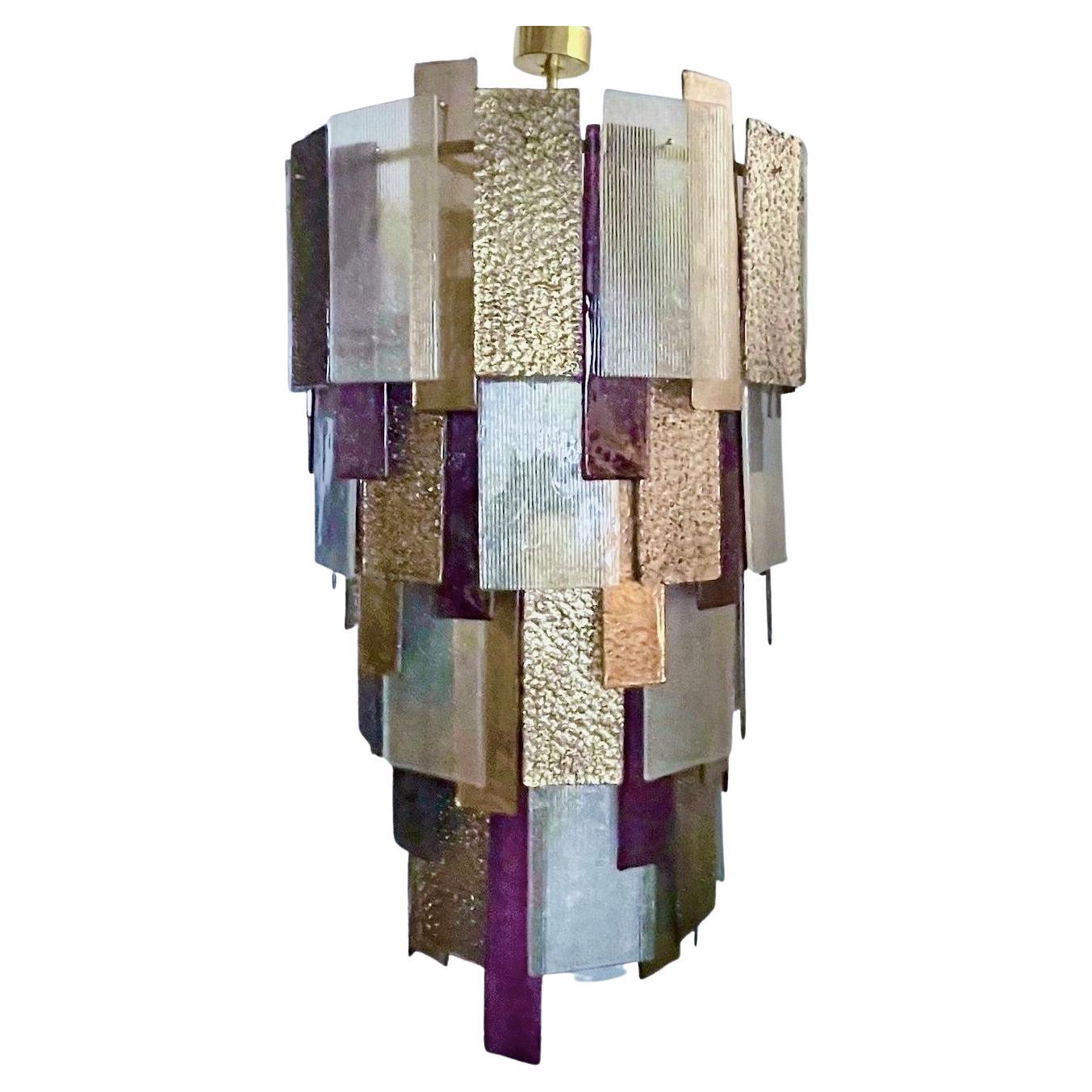 Italian Monumental Purple Gold Silver Smoked Murano Glass Brass Chandelier  For Sale