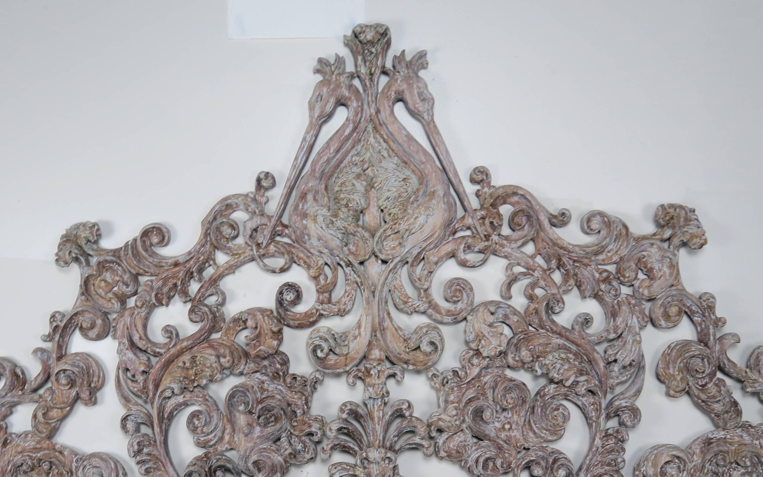 Italian Monumental Rococo Style Carved Wood Headboard In Distressed Condition In Los Angeles, CA