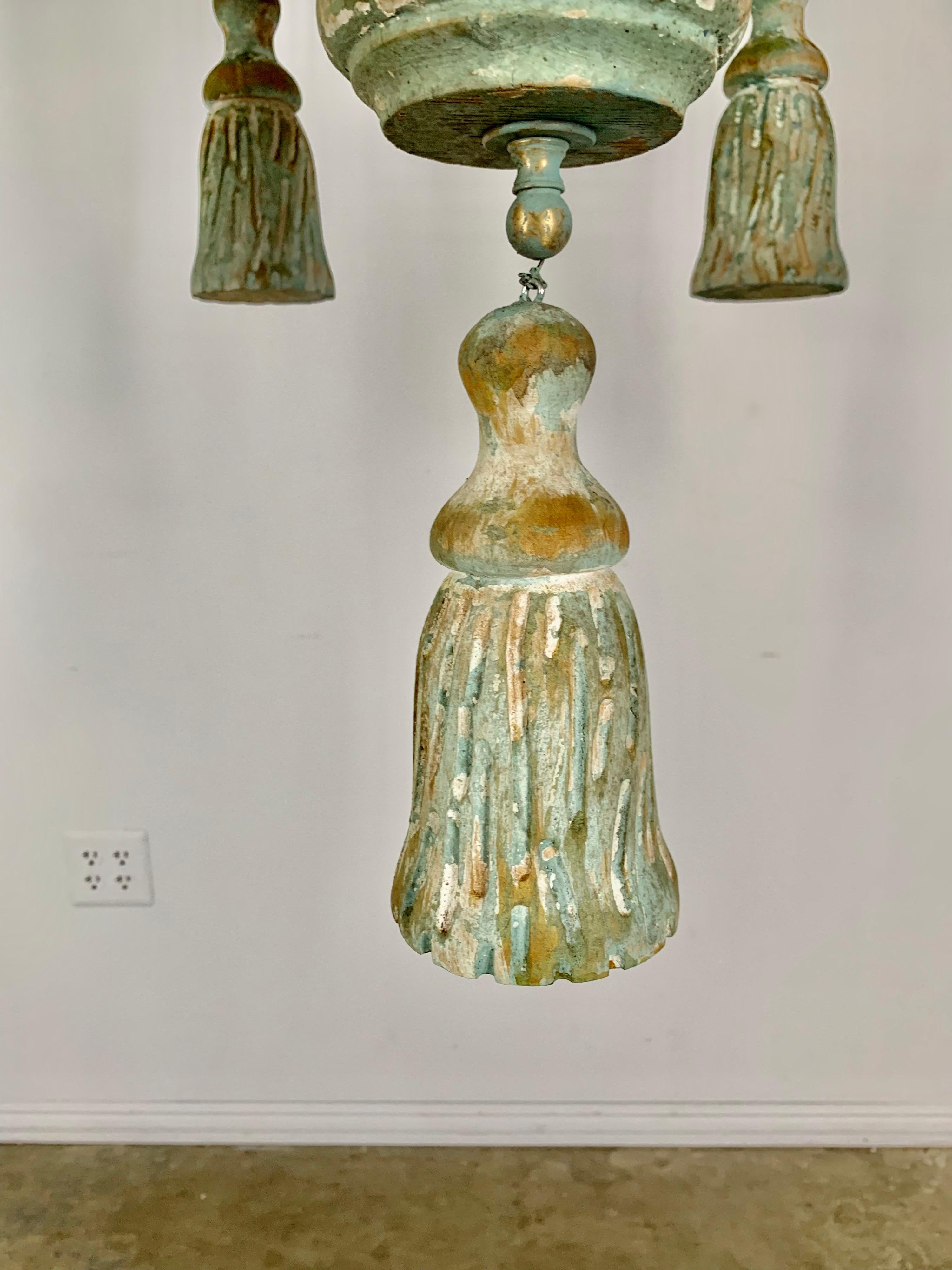 Italian Monumental Size Painted Chandelier w/ Tassels In Distressed Condition In Los Angeles, CA