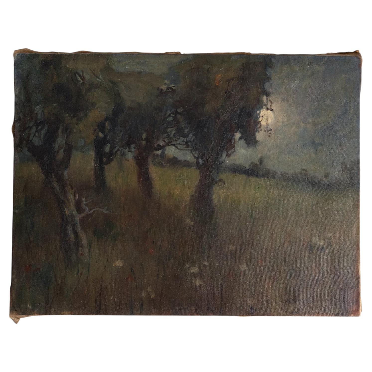 Italienische Mondscheinlandschaft von Alberto Cecconi, Vintage Original Ölgemälde