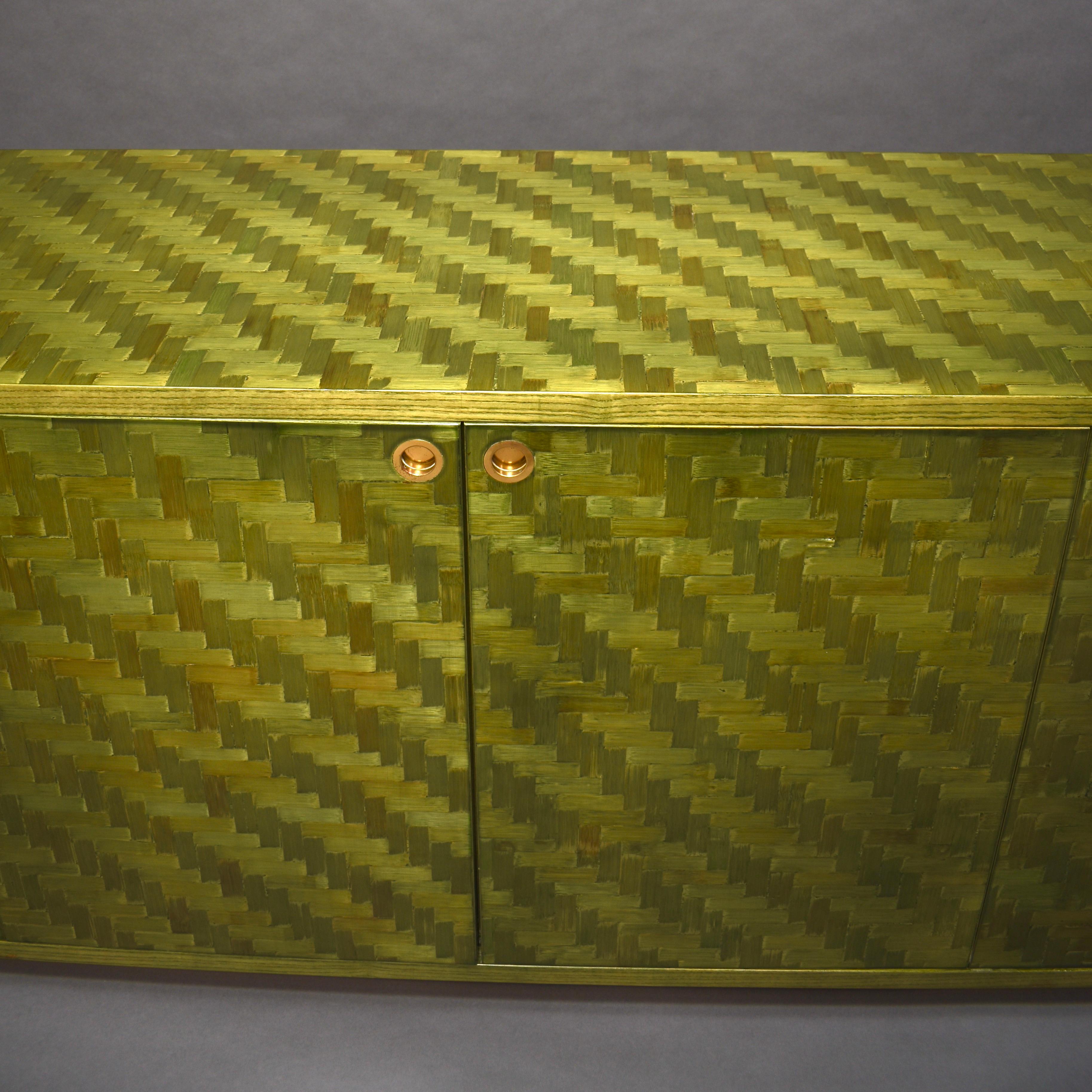 Italian Mosaic Credenza in Green Palm Leaf and Brass by Smania, Italy circa 1970 4