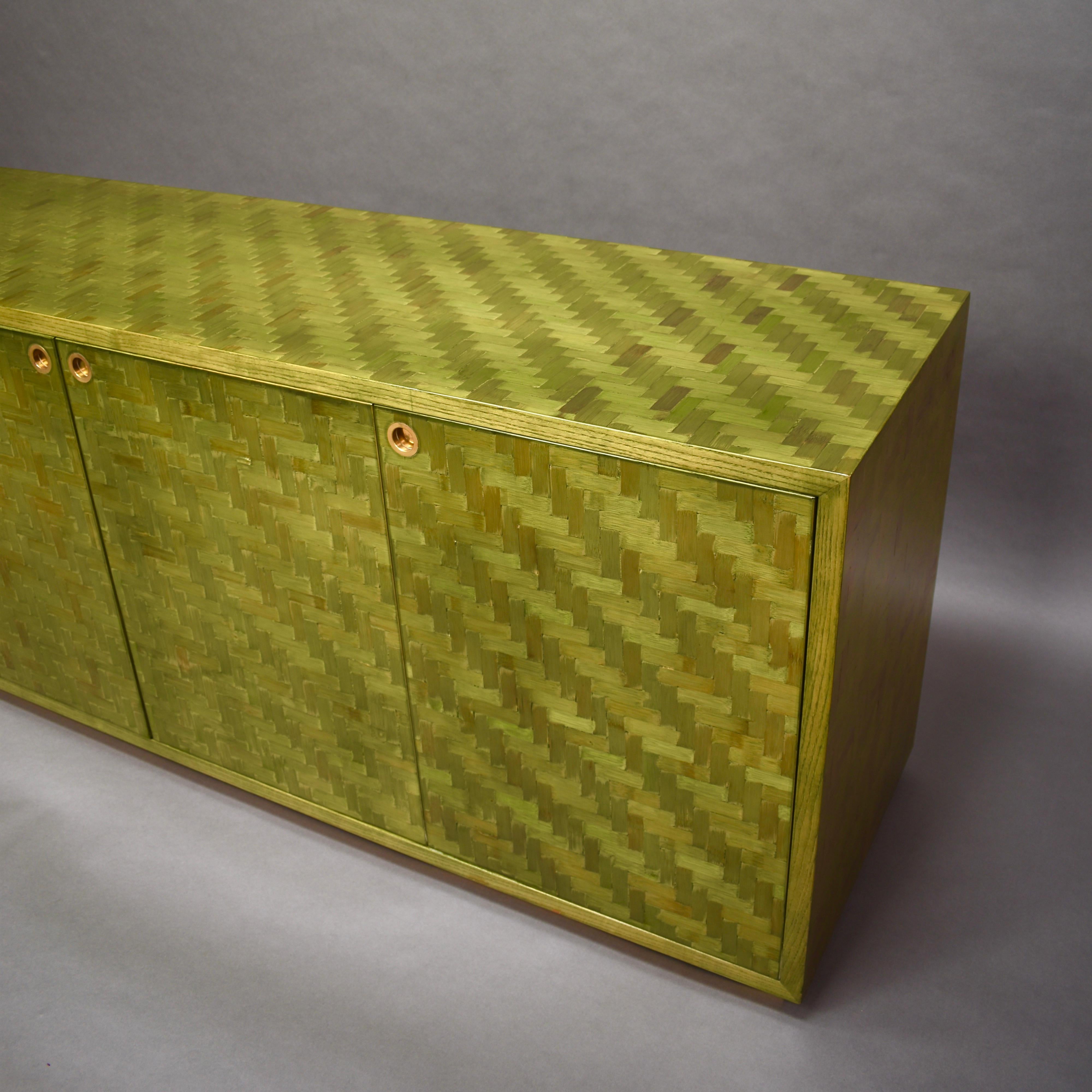 Italian Mosaic Credenza in Green Palm Leaf and Brass by Smania, Italy circa 1970 5