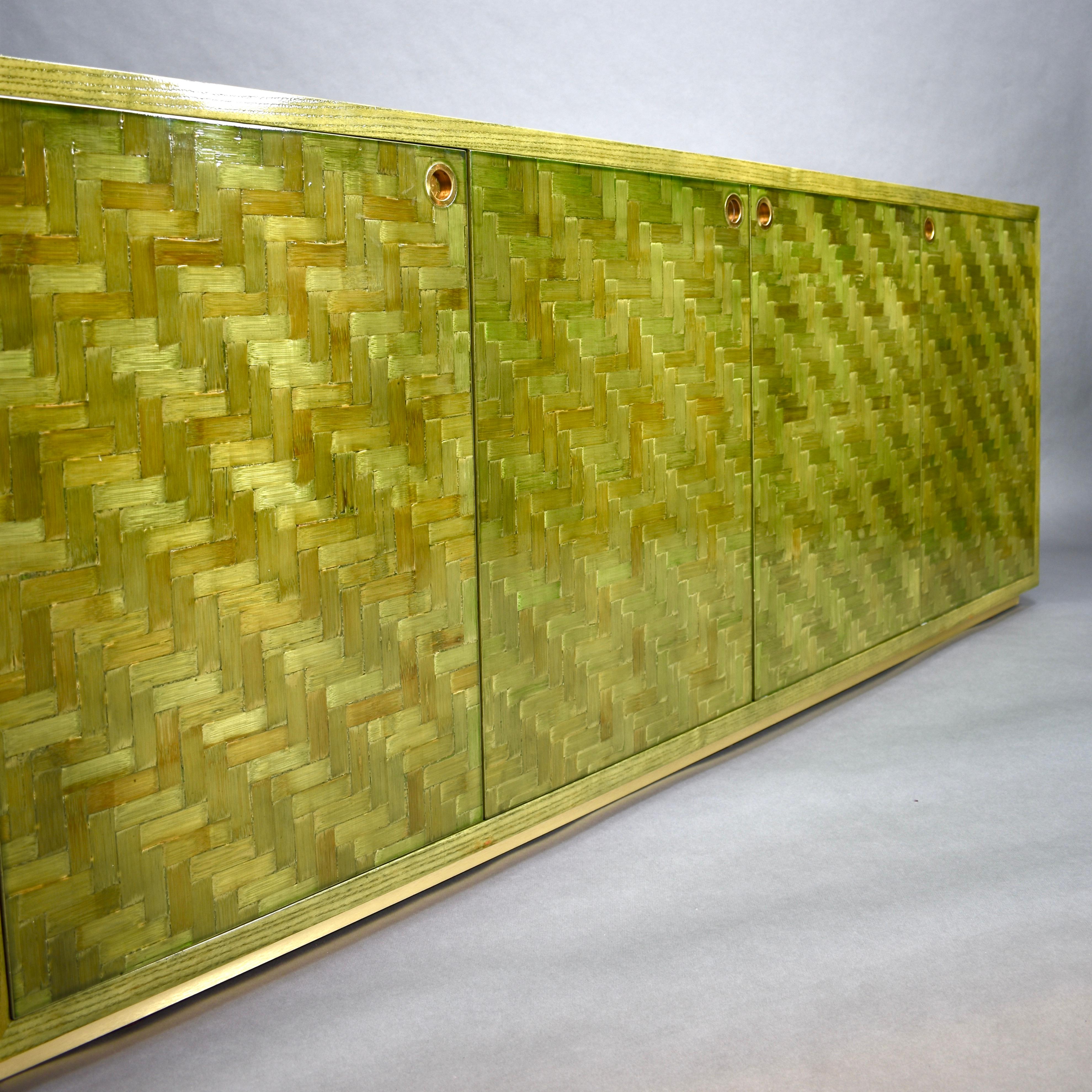 Italian Mosaic Credenza in Green Palm Leaf and Brass by Smania, Italy circa 1970 6