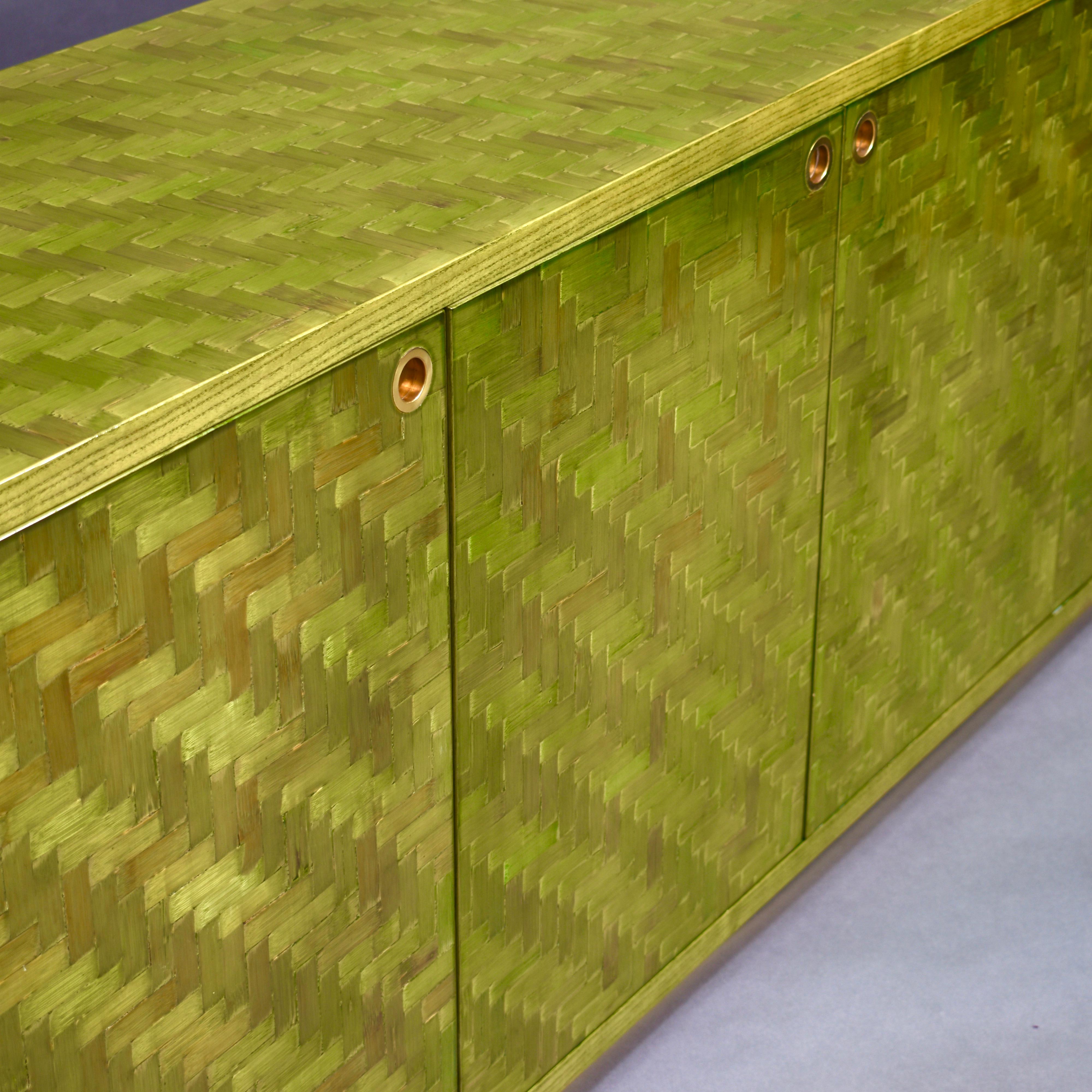 Italian Mosaic Credenza in Green Palm Leaf and Brass by Smania, Italy circa 1970 7