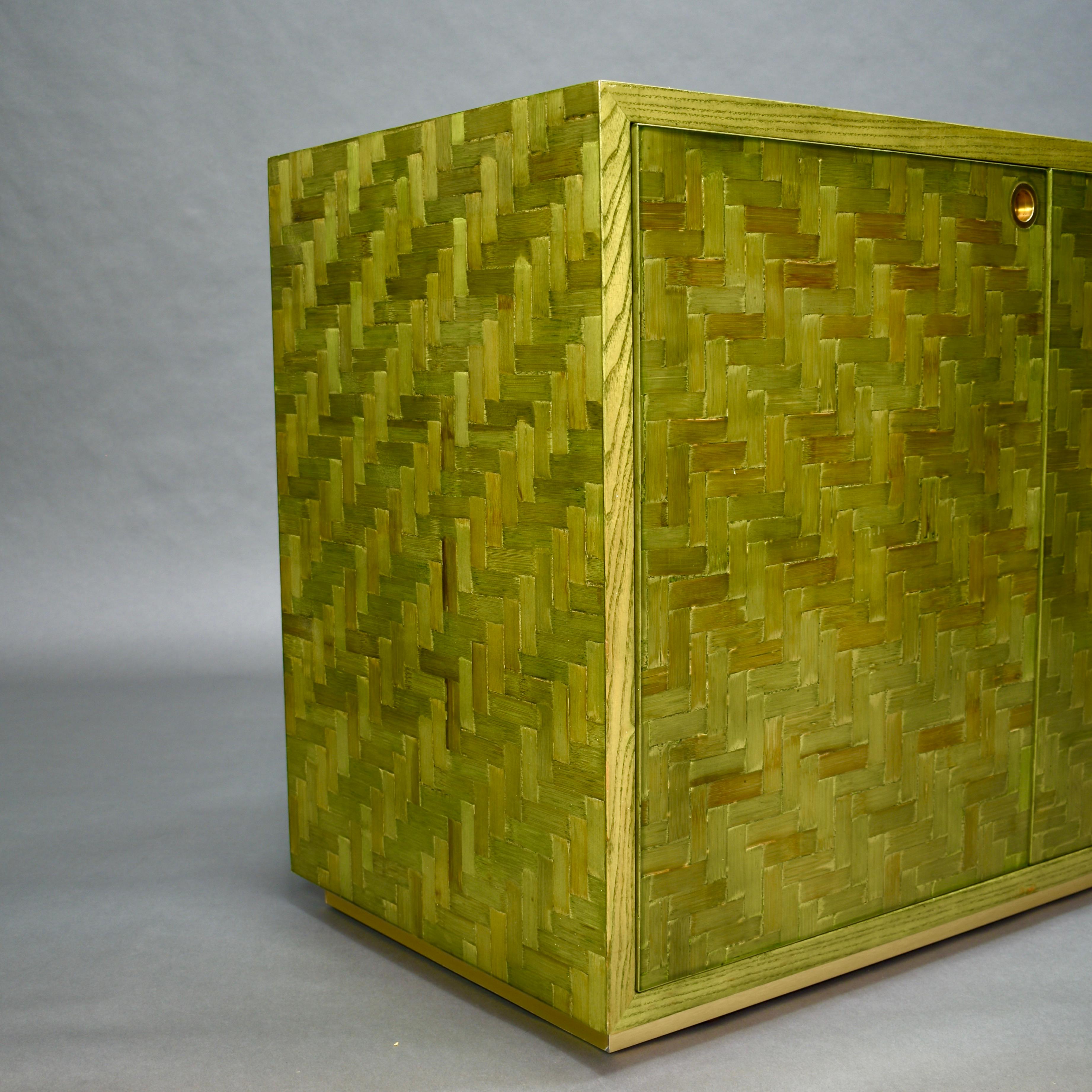 Italian Mosaic Credenza in Green Palm Leaf and Brass by Smania, Italy circa 1970 9