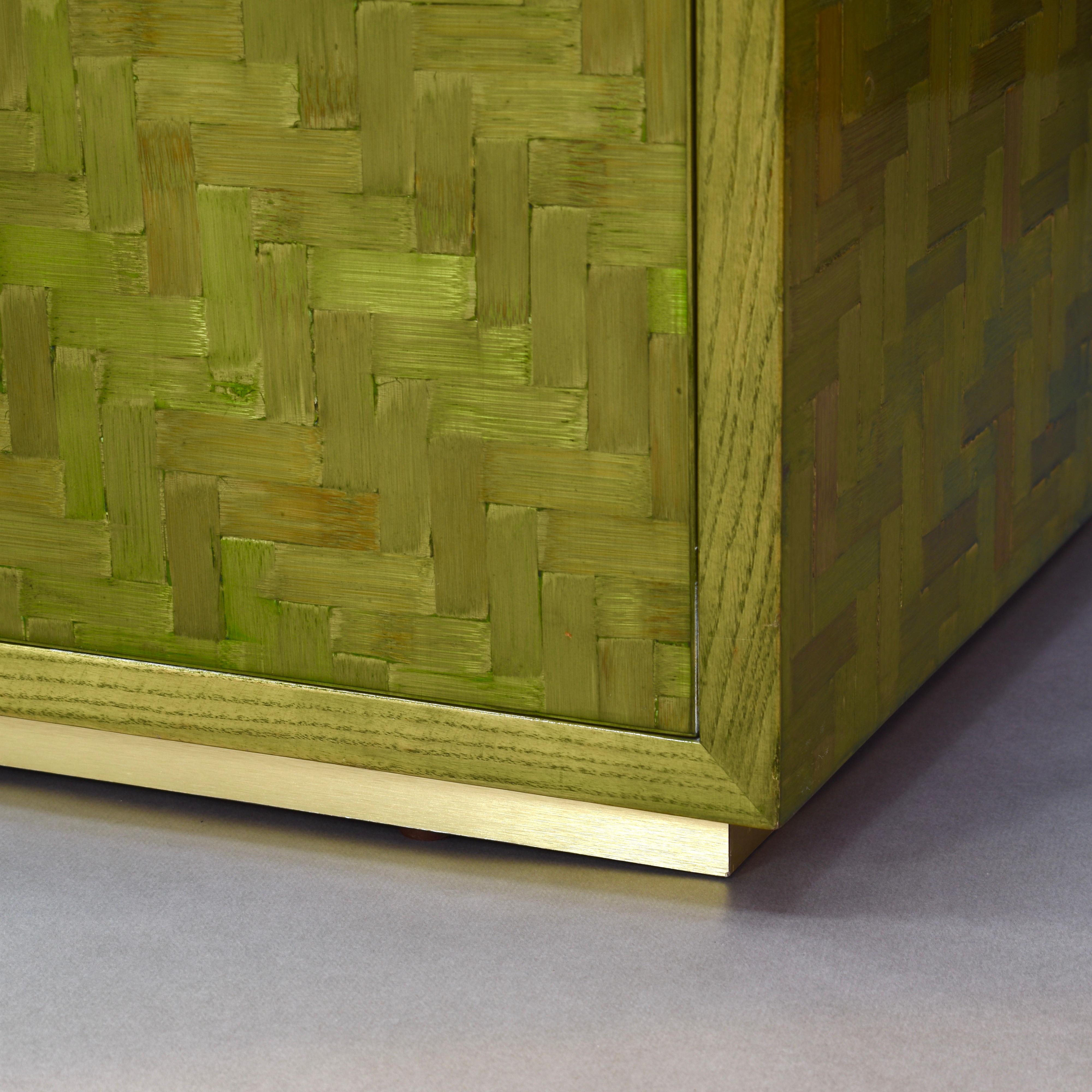 Italian Mosaic Credenza in Green Palm Leaf and Brass by Smania, Italy circa 1970 11