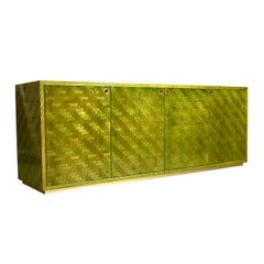 Italian Mosaic Credenza in Green Palm Leaf and Brass by Smania, Italy circa 1970