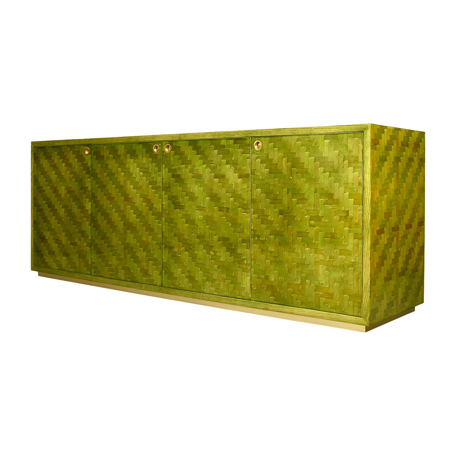 Mid-Century Modern Italian Mosaic Credenza in Green Palm Leaf and Brass by Smania, Italy circa 1970