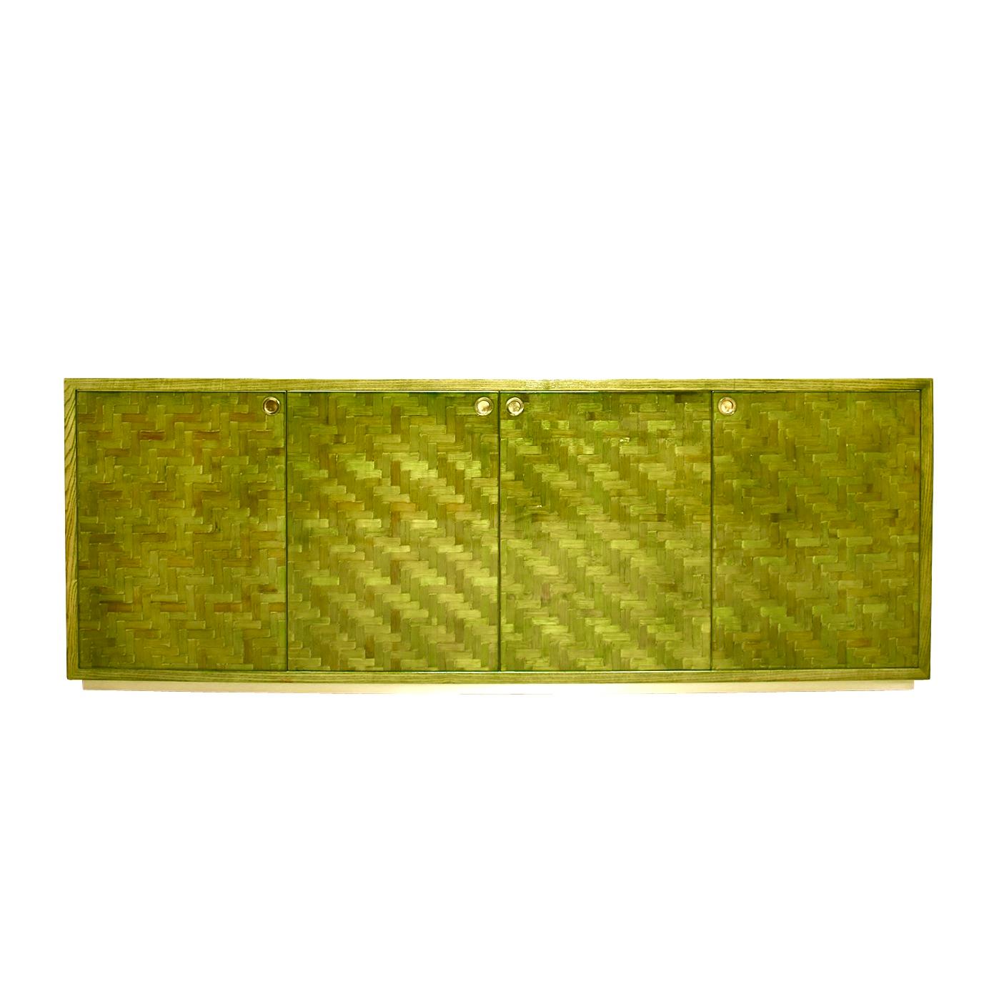 Italian Mosaic Credenza in Green Palm Leaf and Brass by Smania, Italy circa 1970 In Good Condition In Pijnacker, Zuid-Holland