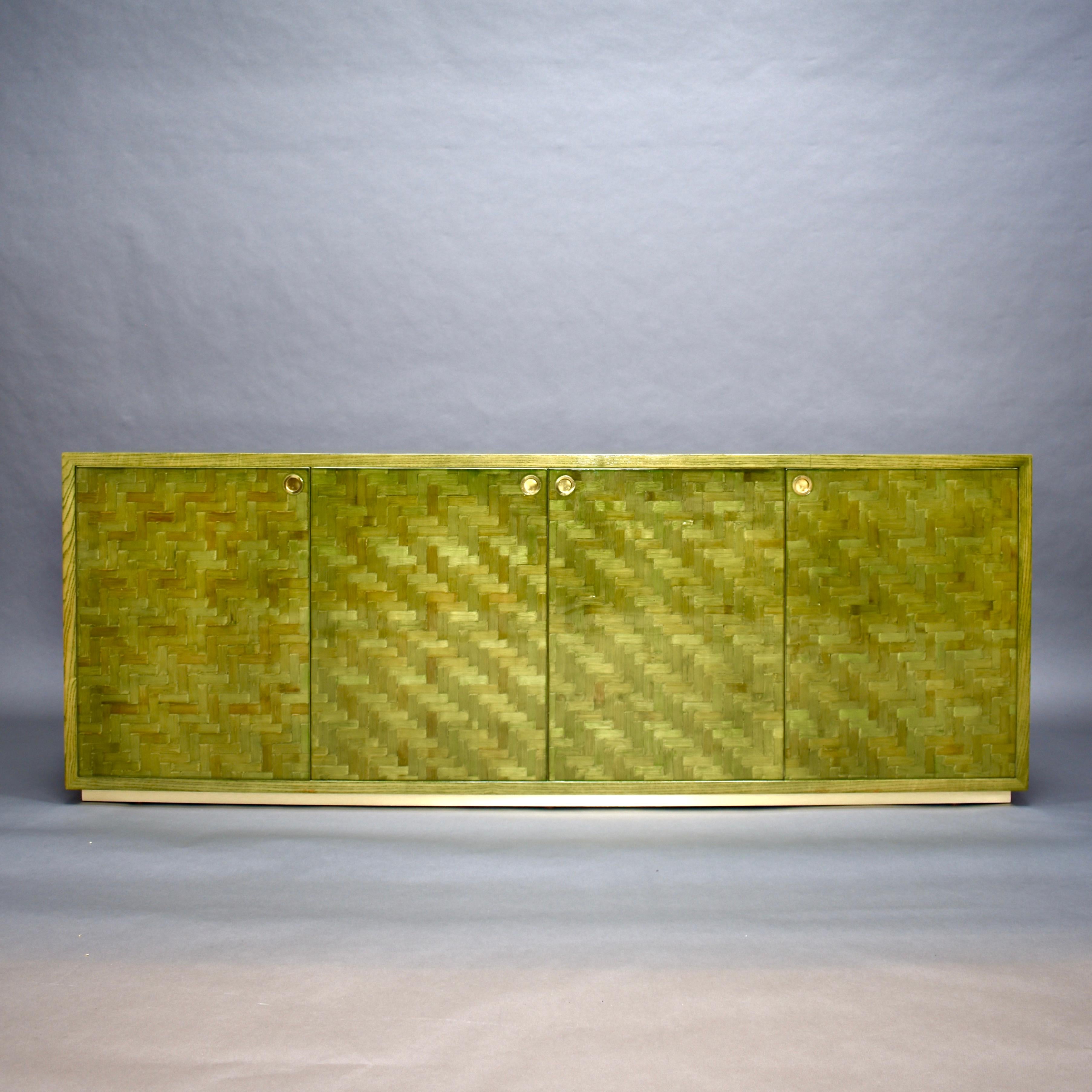 Late 20th Century Italian Mosaic Credenza in Green Palm Leaf and Brass by Smania, Italy circa 1970
