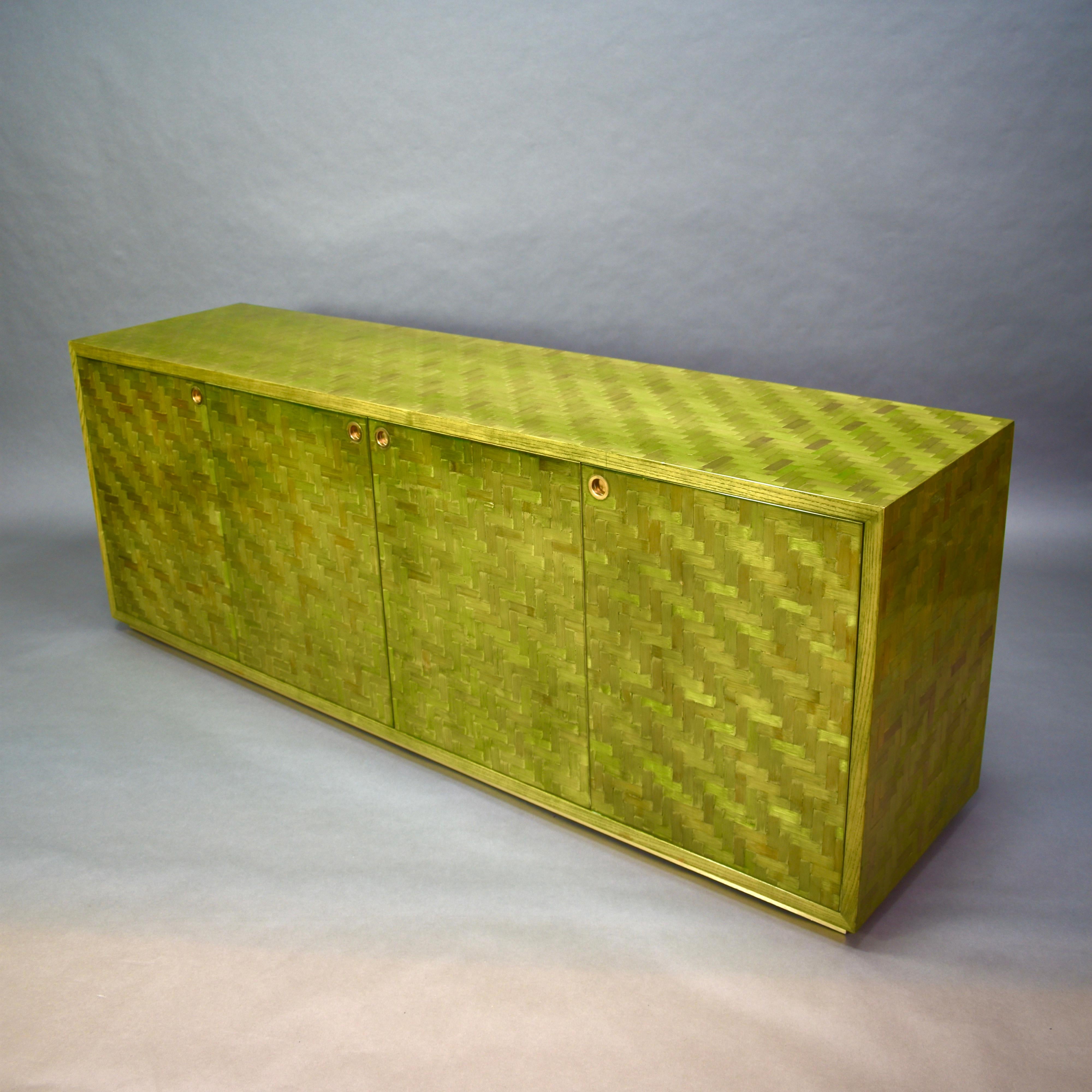 Palmwood Italian Mosaic Credenza in Green Palm Leaf and Brass by Smania, Italy circa 1970