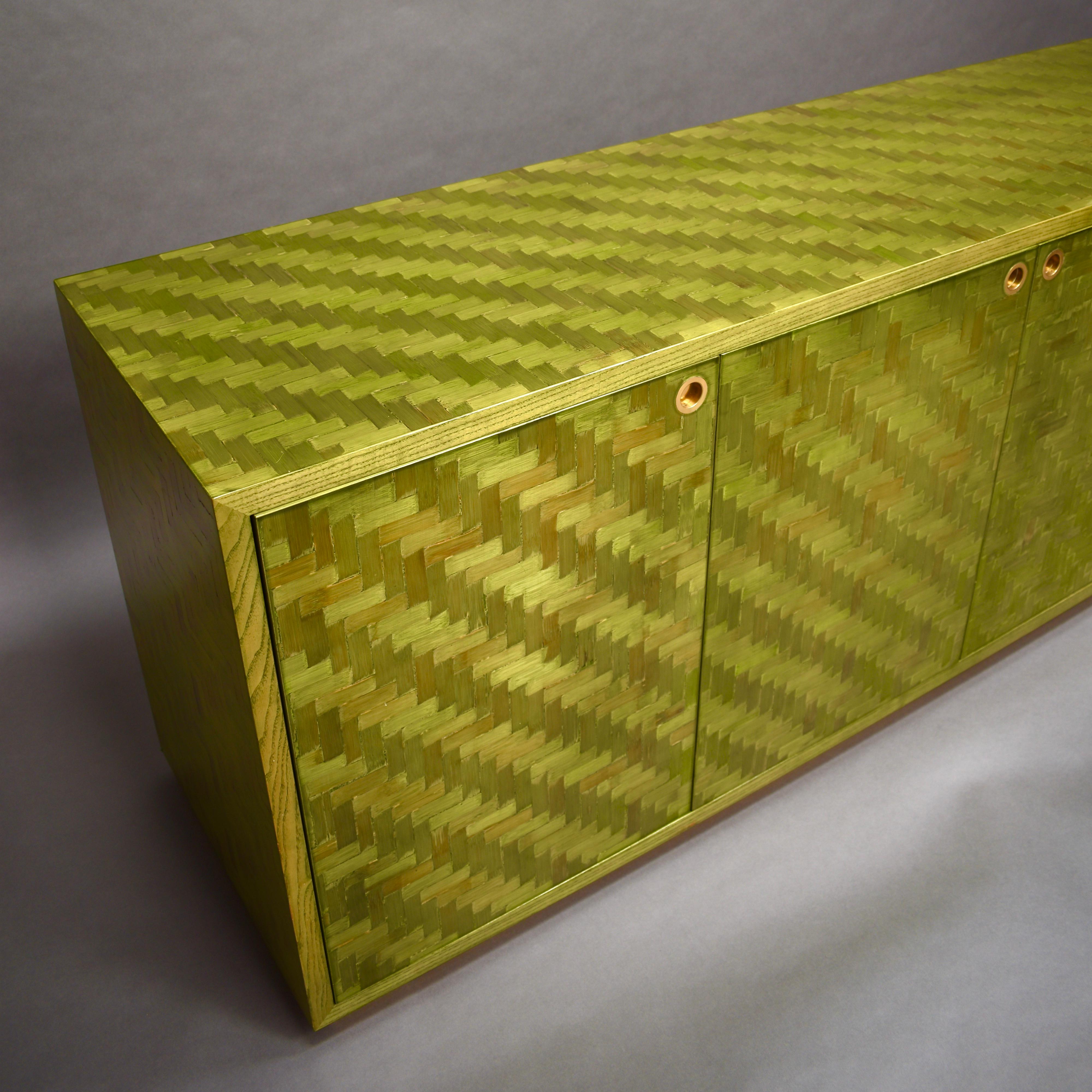 Italian Mosaic Credenza in Green Palm Leaf and Brass by Smania, Italy circa 1970 3