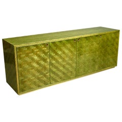 Italian Mosaic Credenza in Green Palm Leaf and Brass by Smania, Italy circa 1970