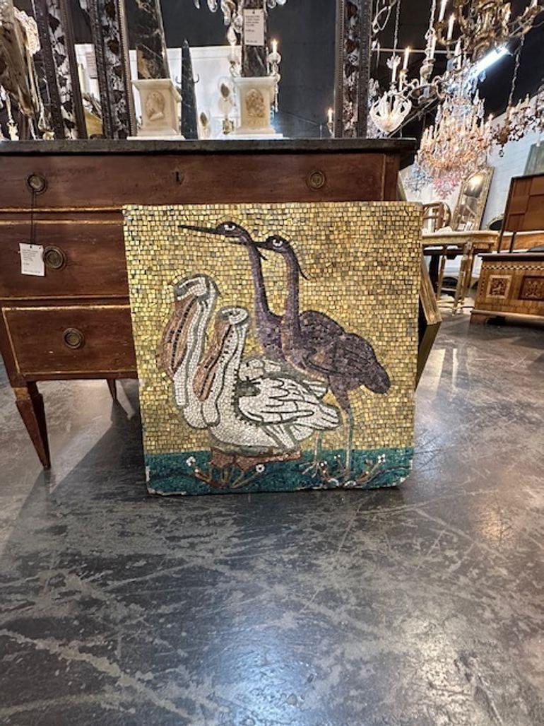 Vintage Italian tile mosaic panel of cranes. Circa 1970. Sure to make a statement!