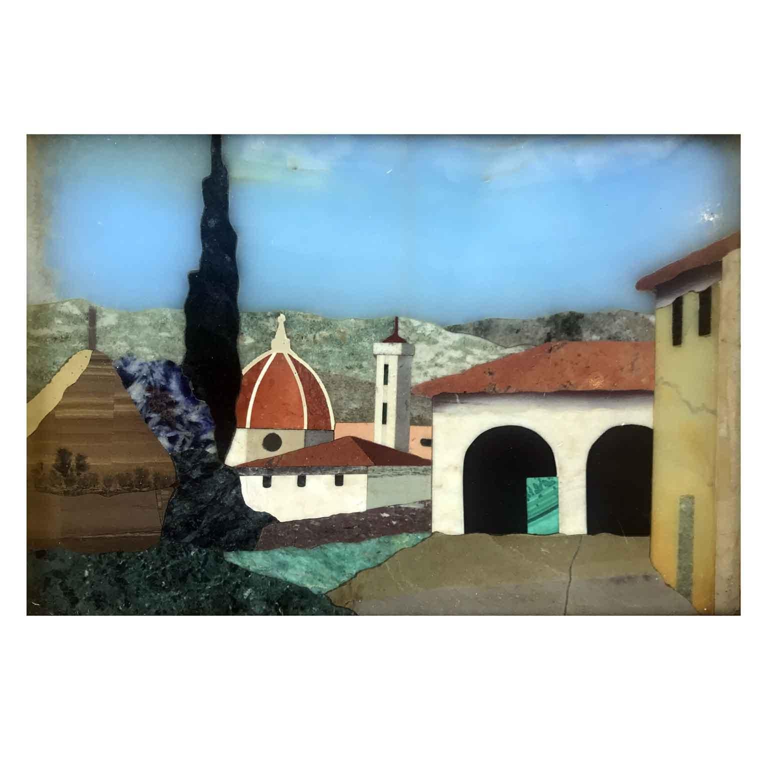 A mid-20th century Italian pietra dura inlaid plaque, a Florentine commesso depicting a view of Florence with the Cathedral, Santa Maria del Fiore, in good condition dating in the back 1955.

This Italian artwork is a mosaic panel, with marquetry