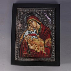 Italian Mother Mary & Christ Child Signed Icon after Padre Pefkis, 20th Century