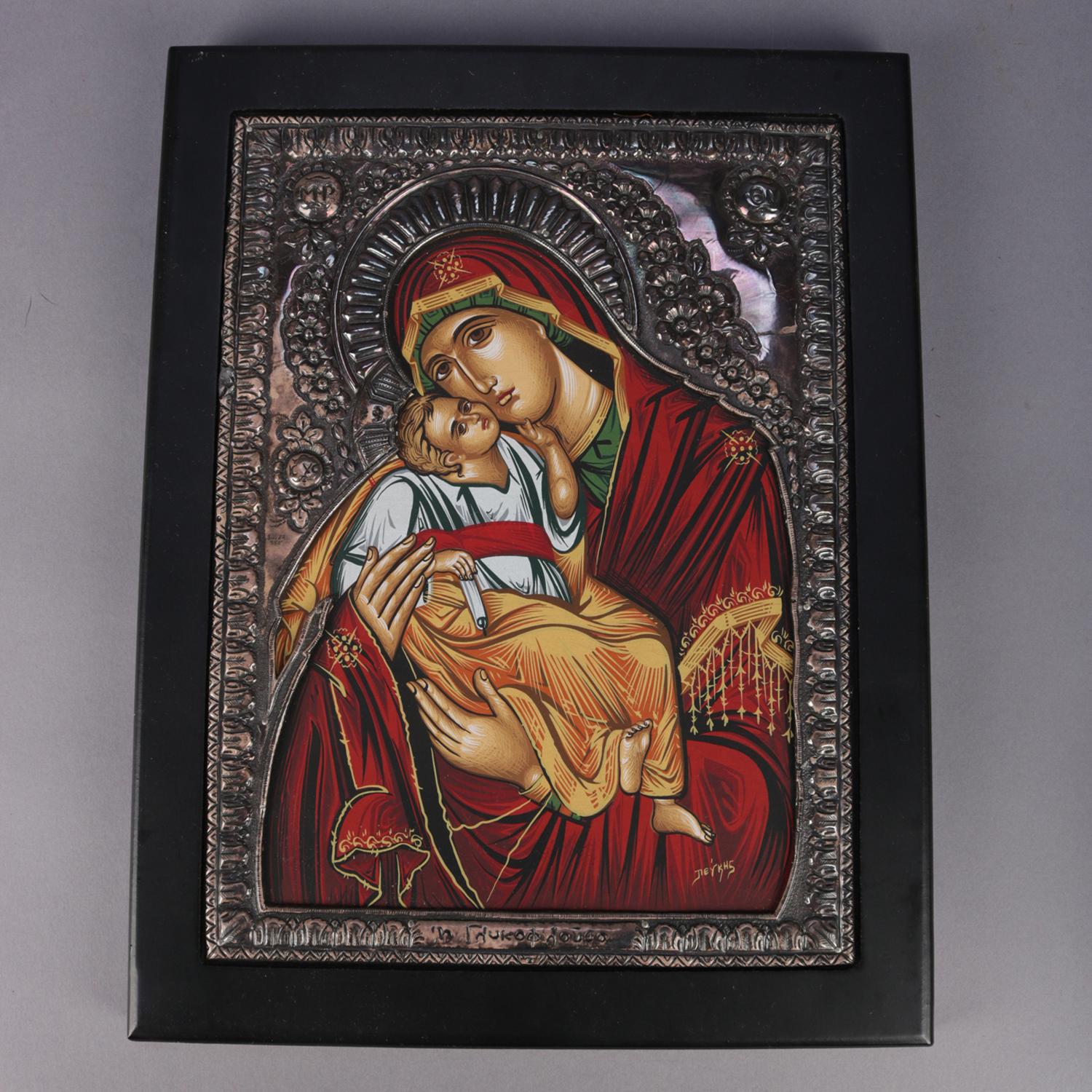 Classical Greek Italian Mother Mary & Christ Child Signed Icon after Padre Pefkis, 20th Century
