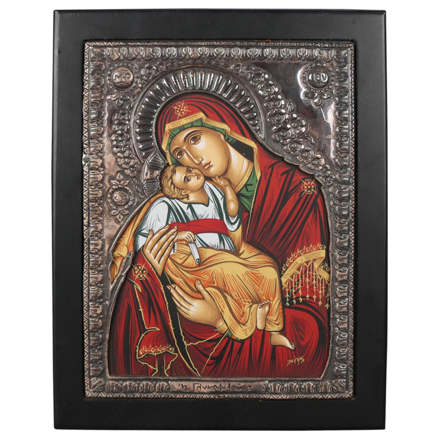 Italian Mother Mary & Christ Child Signed Icon after Padre Pefkis, 20th Century