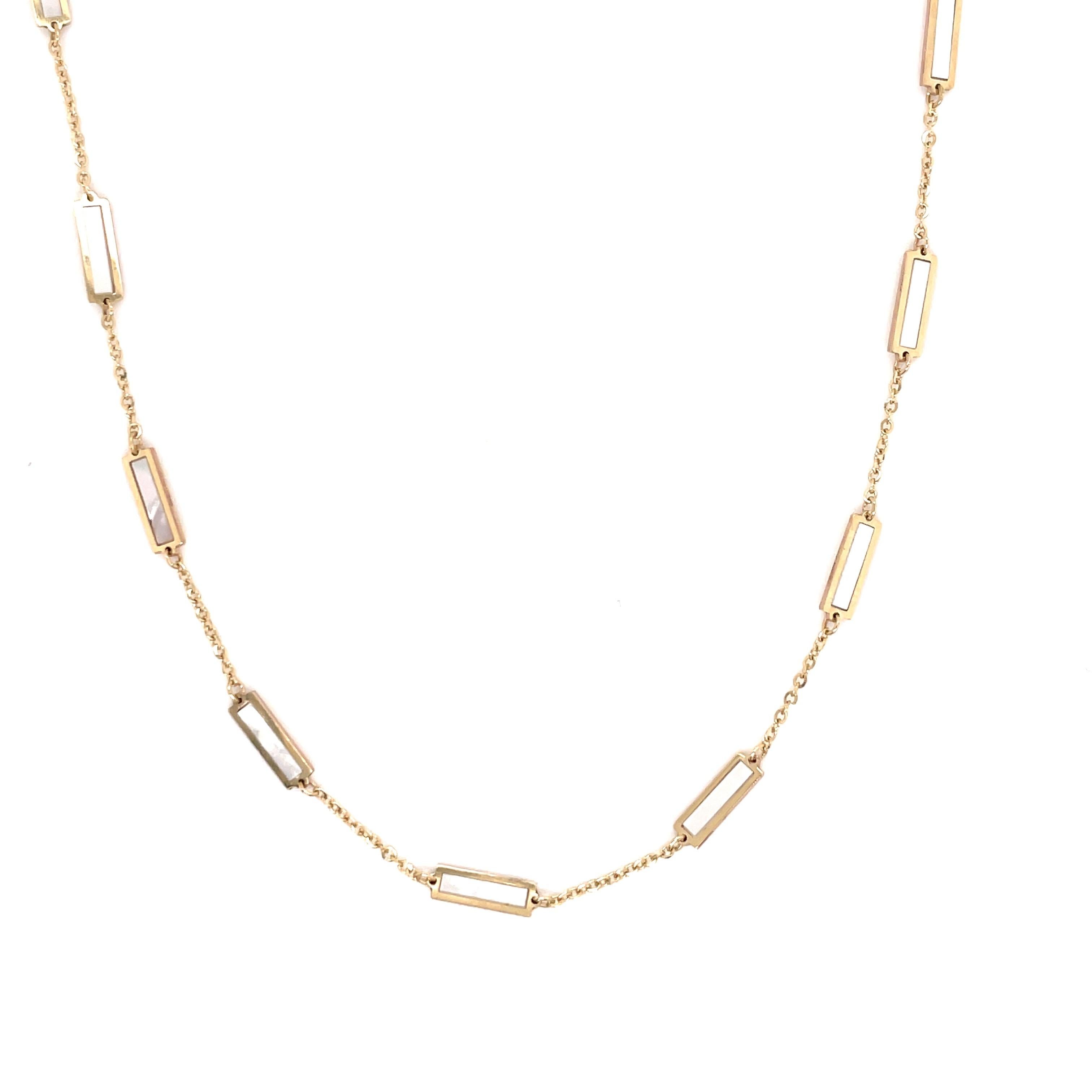 Emerald Cut Italian Mother of Pearl Bar Chain Necklace 14 Karat Yellow Gold For Sale