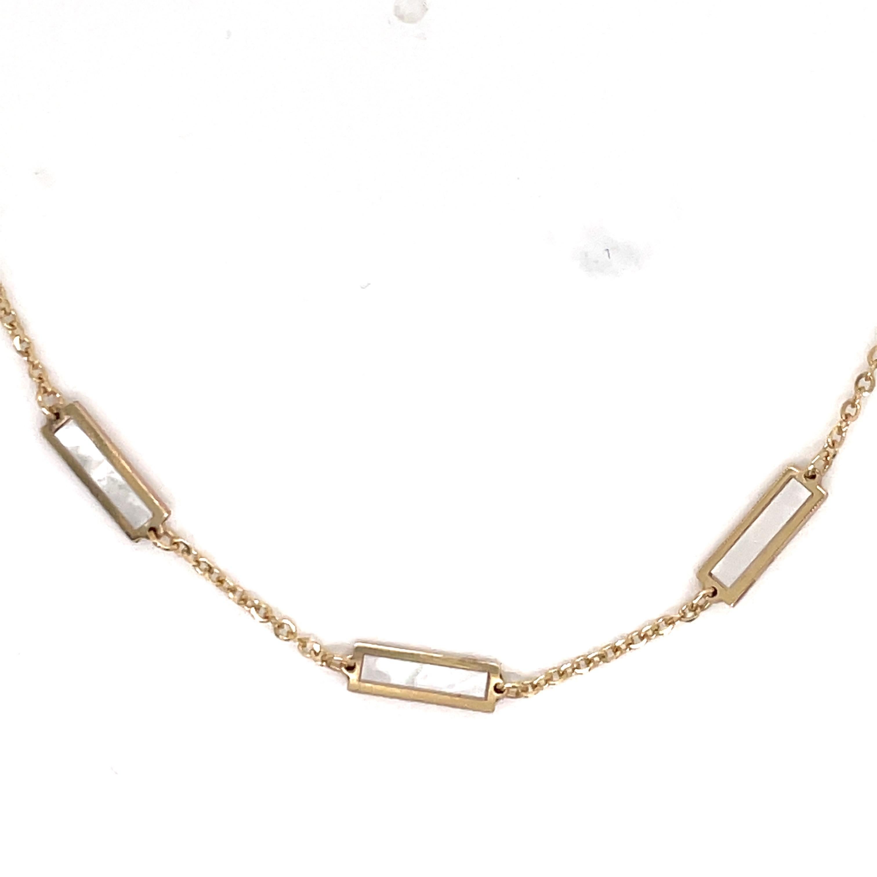 Women's Italian Mother of Pearl Bar Chain Necklace 14 Karat Yellow Gold For Sale