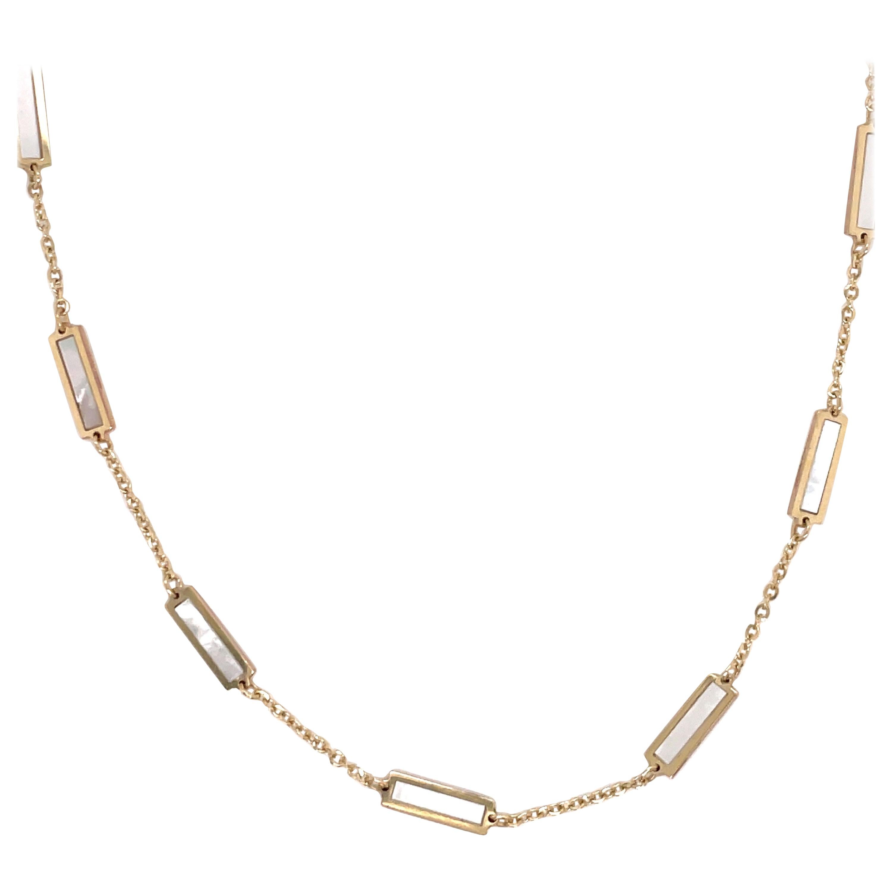 Italian Mother of Pearl Bar Chain Necklace 14 Karat Yellow Gold For Sale