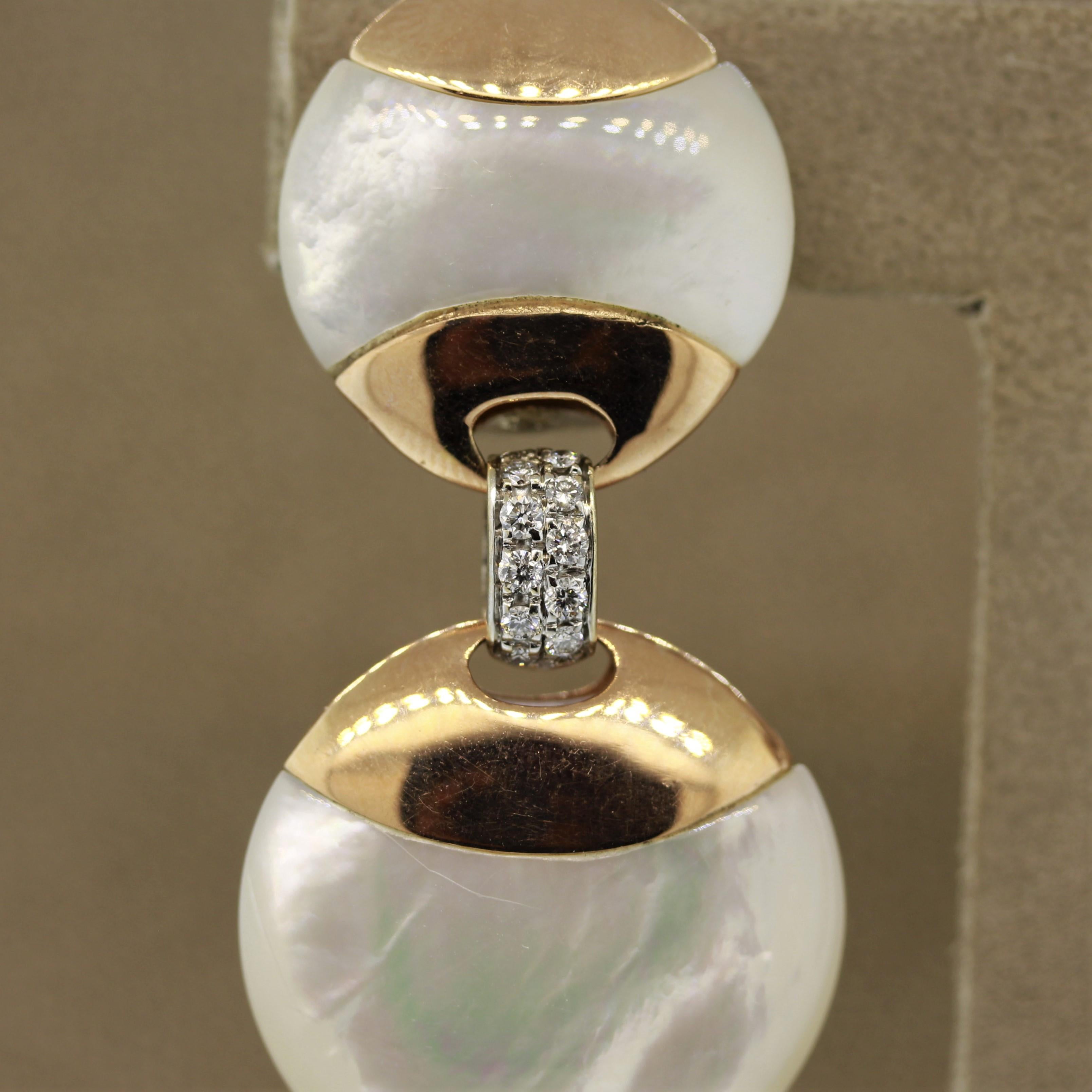 Italienische italienische Perlmutt-Diamant-Gold-Tropfen-Ohrringe (Rundschliff)