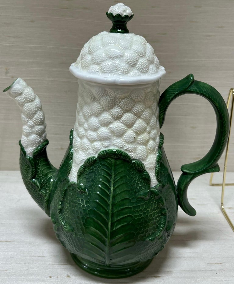 Victorian Italian Mottahedeh Cauliflower Majolica Cabbage Leaf Set - Plates, Pitcher ,Bowl For Sale