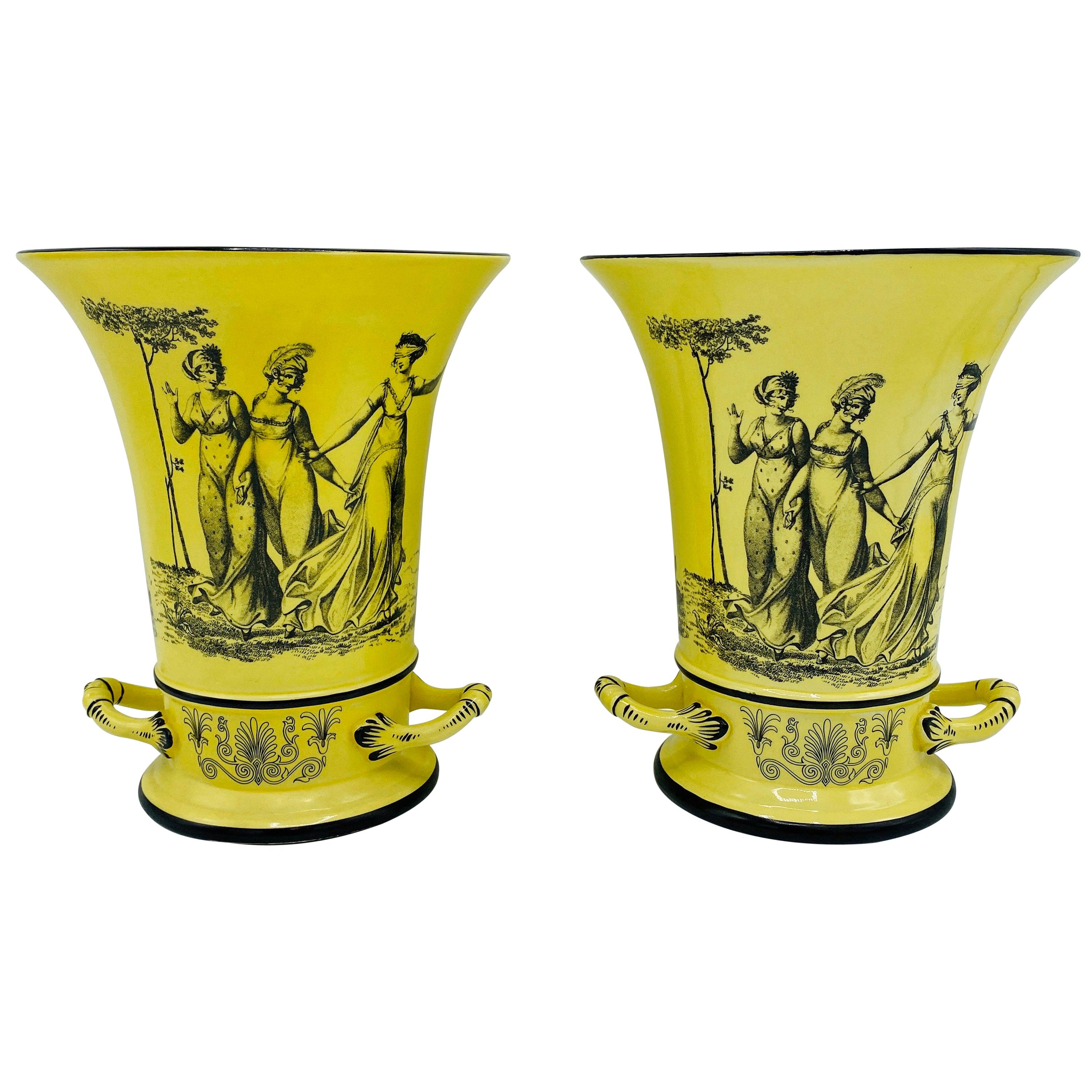 Italian Mottahedeh Yellow and Black Toile Handled Urn Vases, Pair, 1960s For Sale