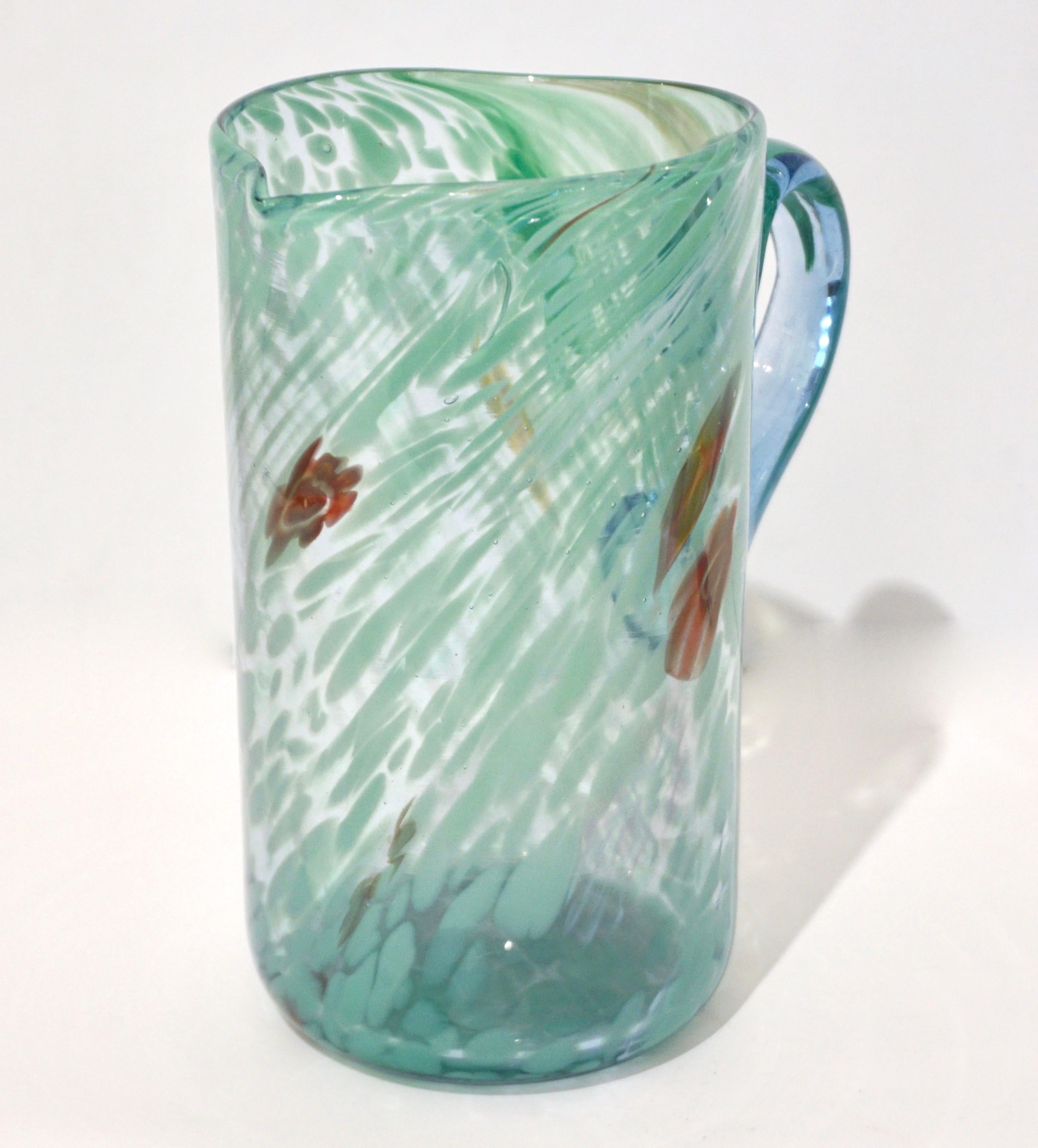 Organic Modern Italian Mottled Murano Glass Modern Pitcher Jug with Acqua Green Red Murrine For Sale