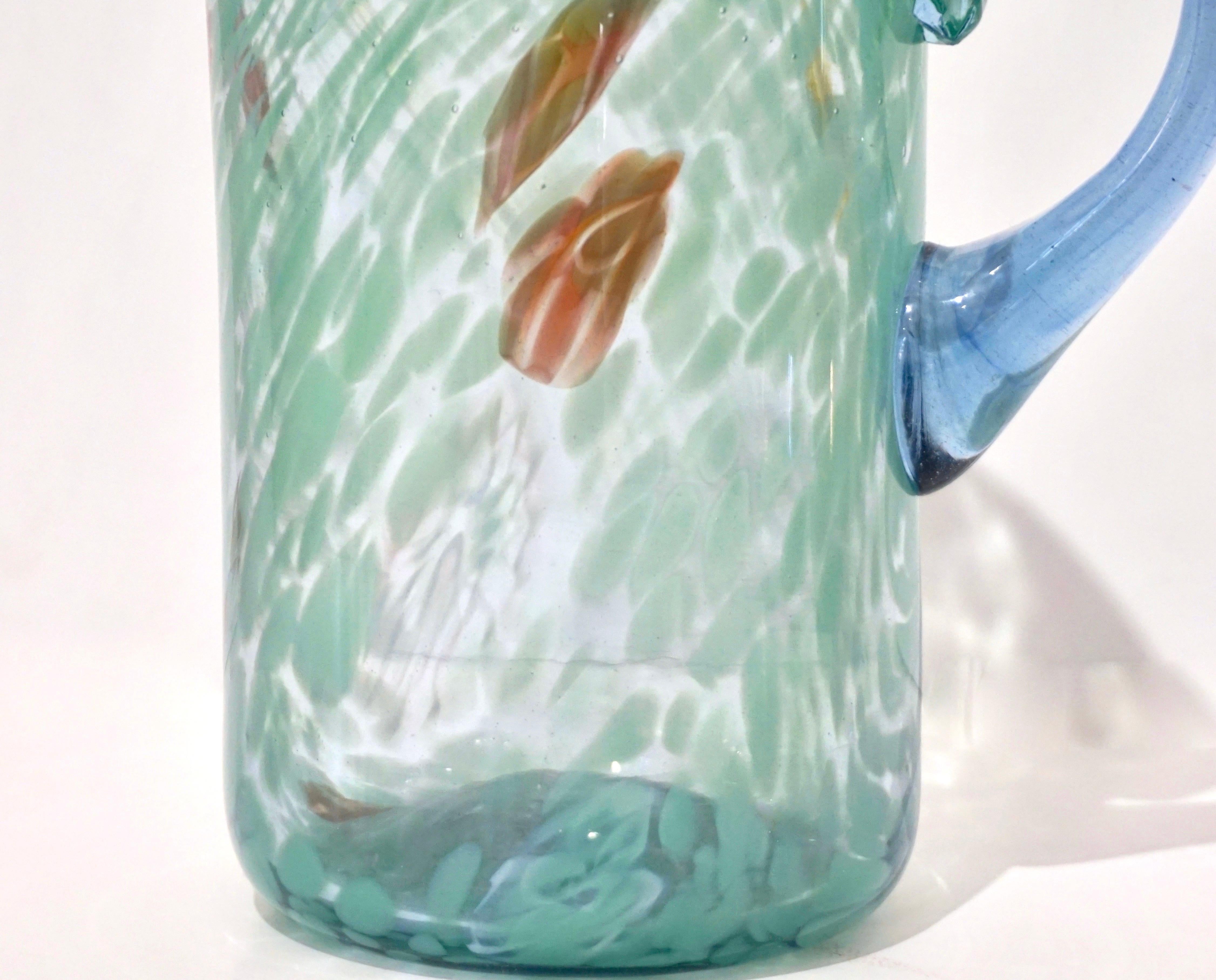 Italian Mottled Murano Glass Modern Pitcher Jug with Acqua Green Red Murrine In Excellent Condition For Sale In New York, NY