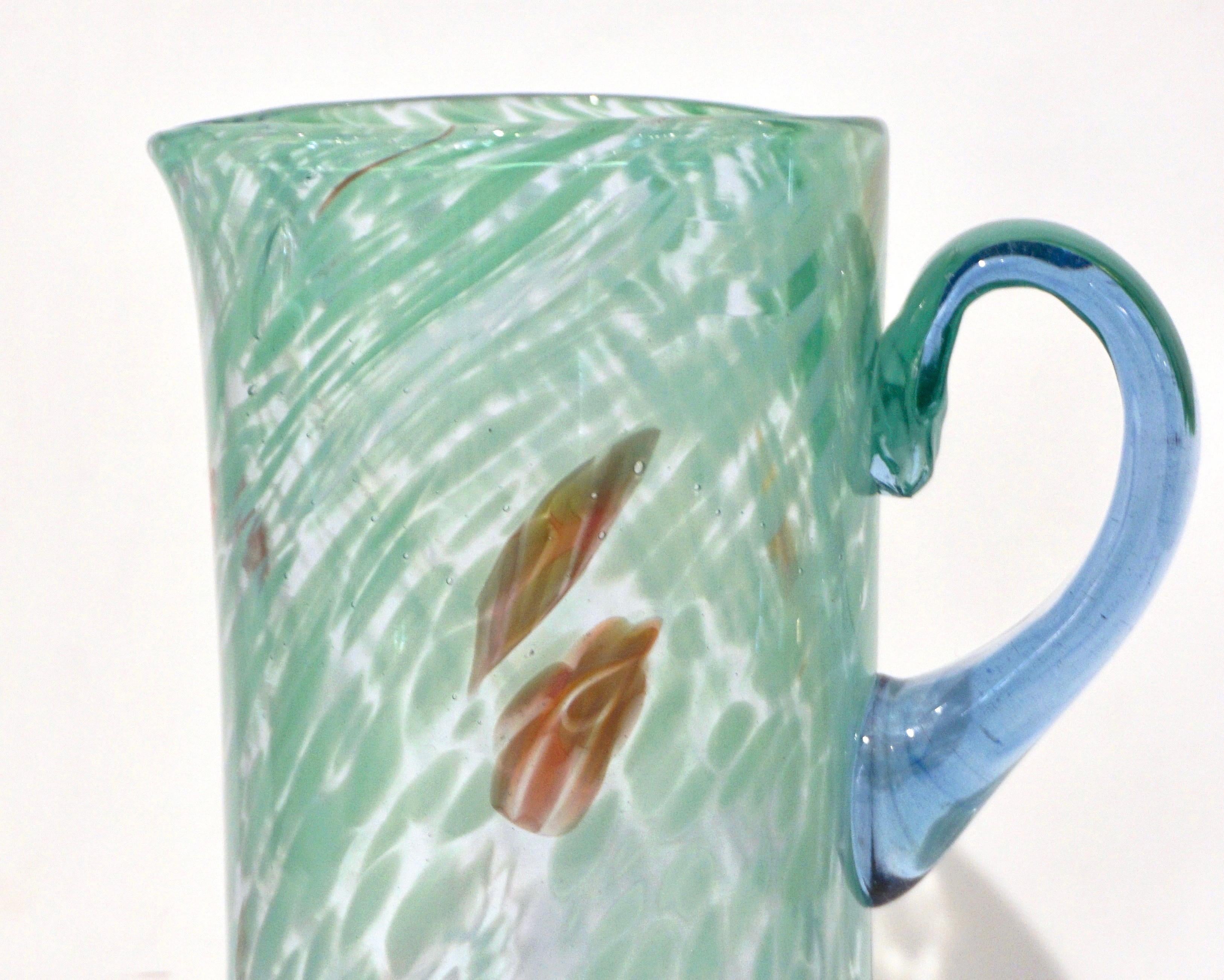 Italian Mottled Murano Glass Modern Pitcher Jug with Acqua Green Red Murrine For Sale 1