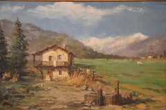 Pintura al óleo sobre tabla de un valle montañoso italiano, firmada A. Scocchera