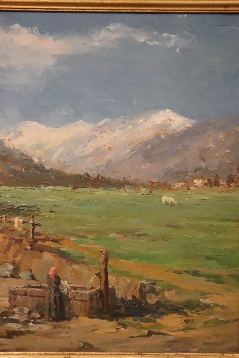 Italienisches Ölgemälde im Bergtal, auf Karton, signiert A. Scocchera (Sperrholz) im Angebot