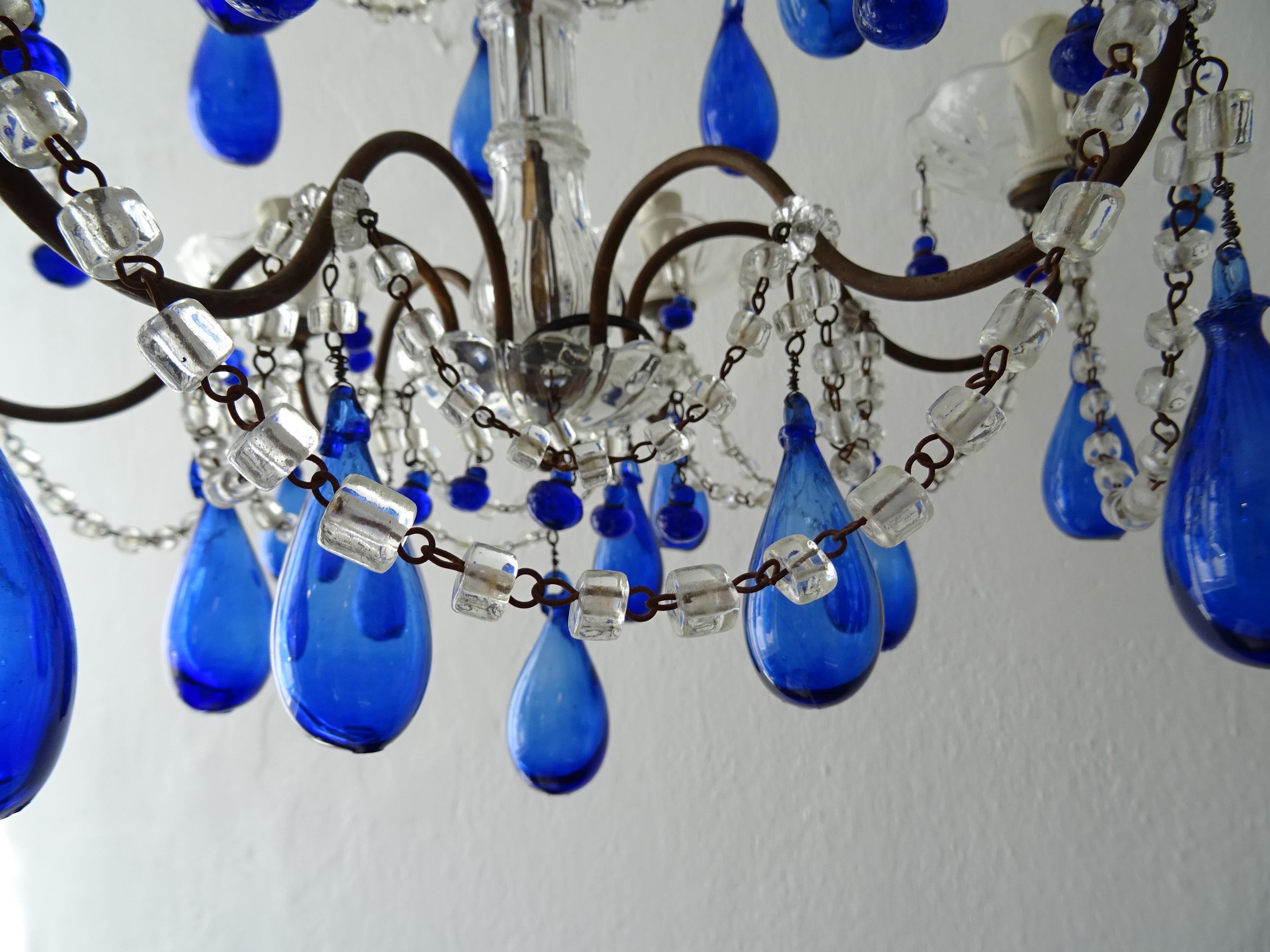 Italian Mouth Blown Cobalt Blue Murano Drops Crystal Swags Chandelier, C 1920 For Sale 6