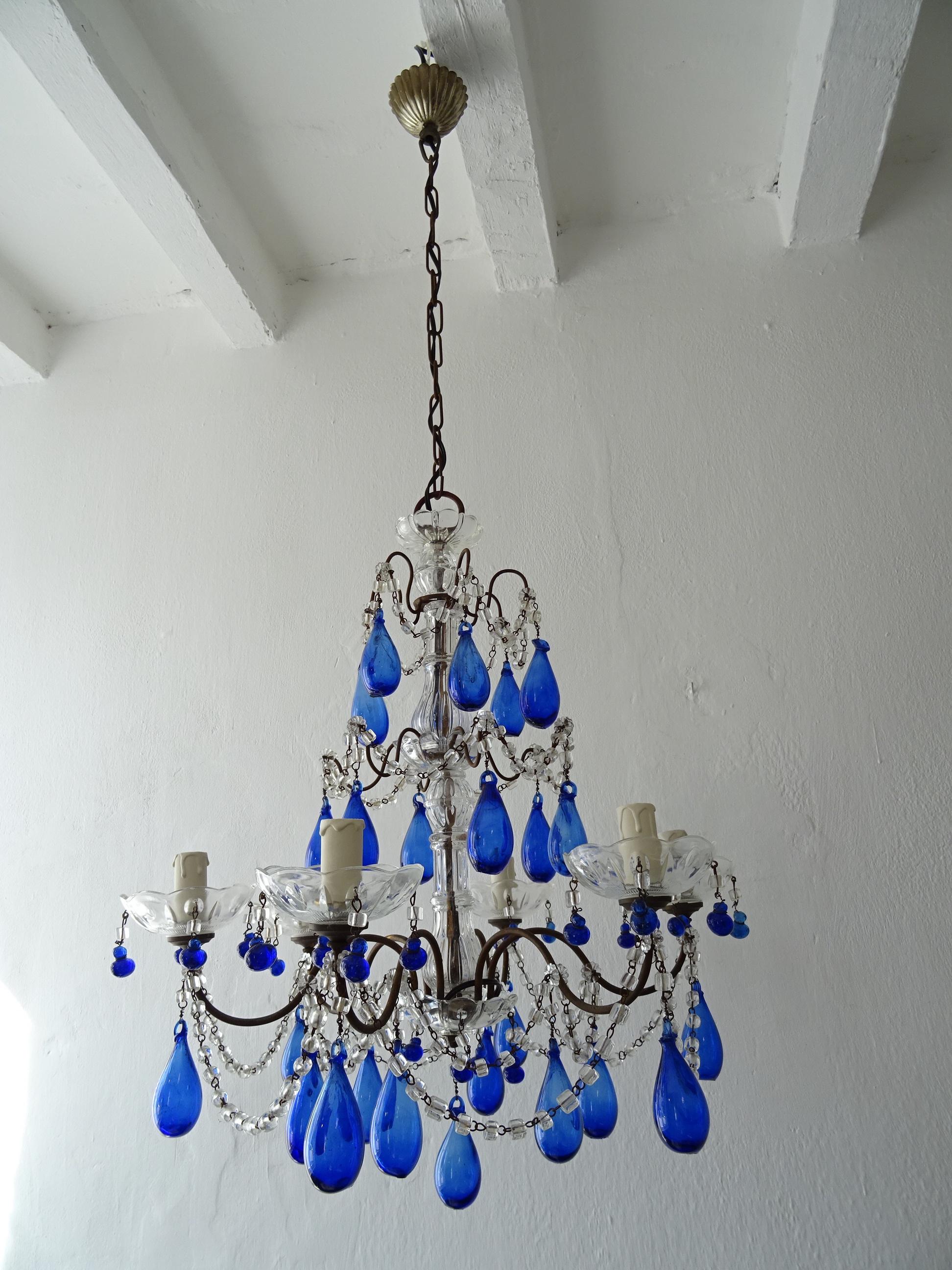 Italian Mouth Blown Cobalt Blue Murano Drops Crystal Swags Chandelier, C 1920 In Good Condition For Sale In Modena (MO), Modena (Mo)