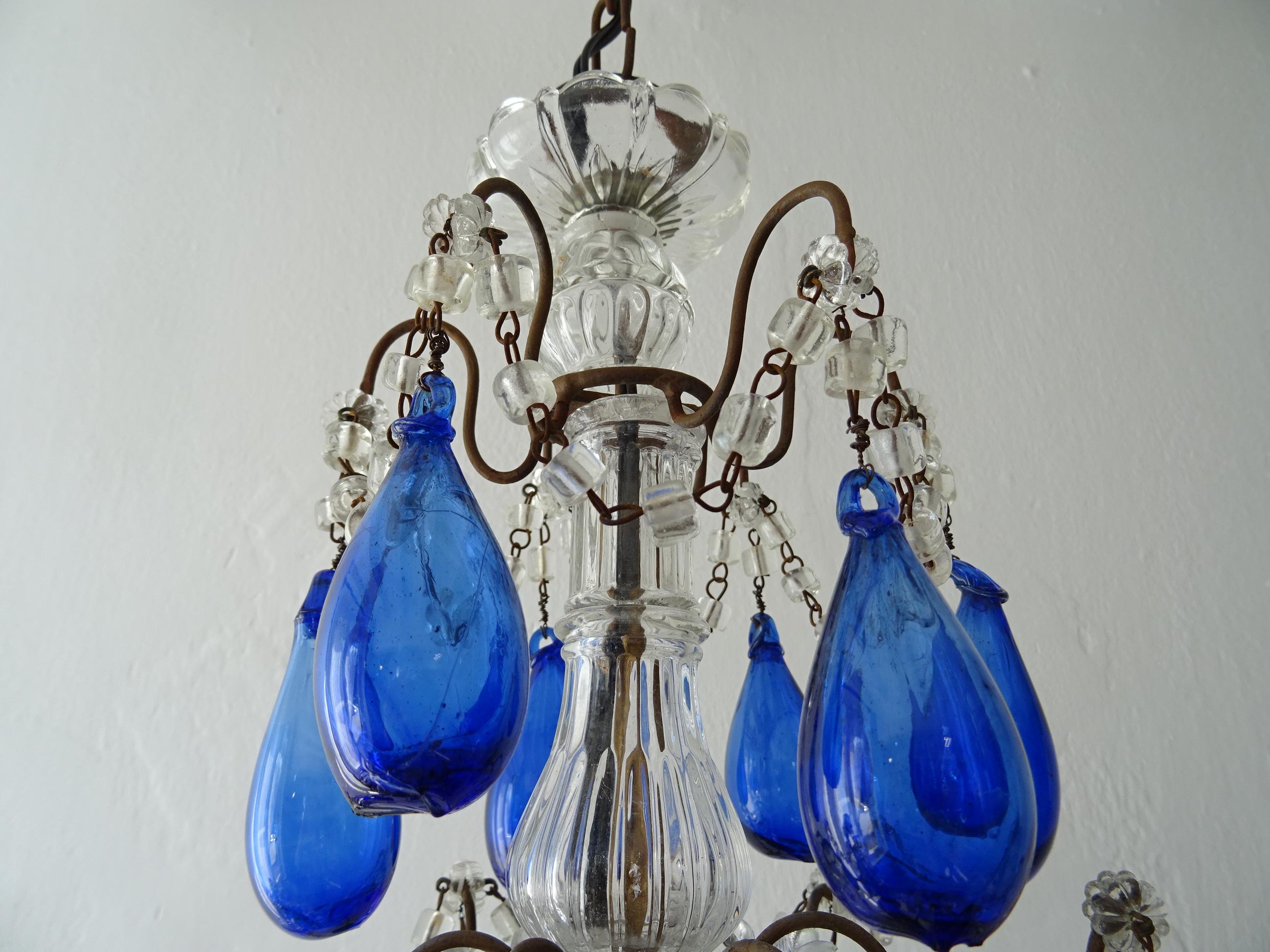 Early 20th Century Italian Mouth Blown Cobalt Blue Murano Drops Crystal Swags Chandelier, C 1920 For Sale